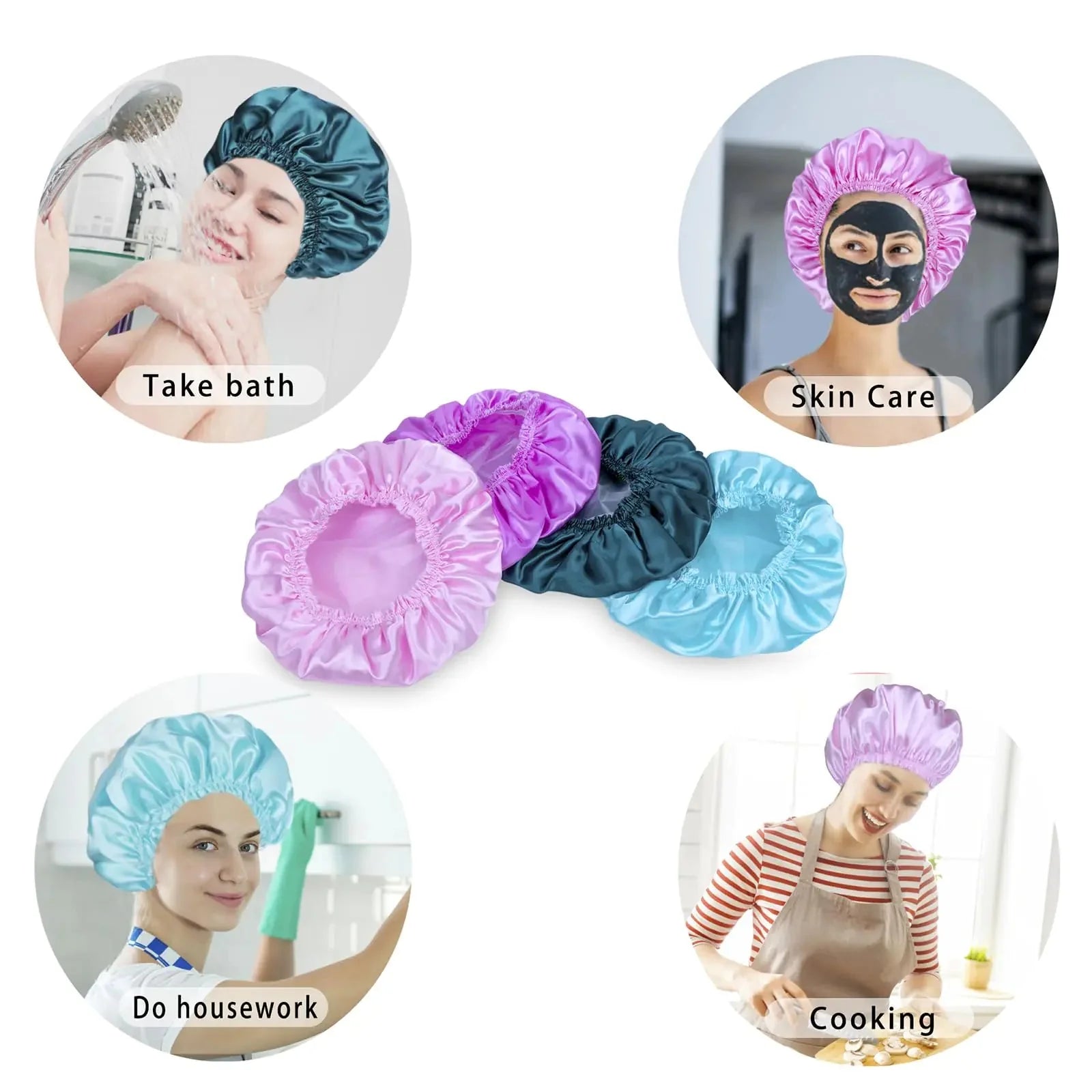 Shower Caps for Women, 4 PCS Elastic and Reusable Bath Caps, Double Waterproof Layers Shower Cap, Bathing Shower Caps, Environmental Protection Hair Bath Hat - Solid Color Solid Color 4 PCS/Set Anti Spier