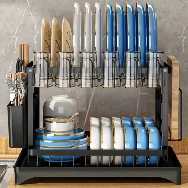 2-Tier Dish Rack with Drainboard & Utensil Holder Anti Spier