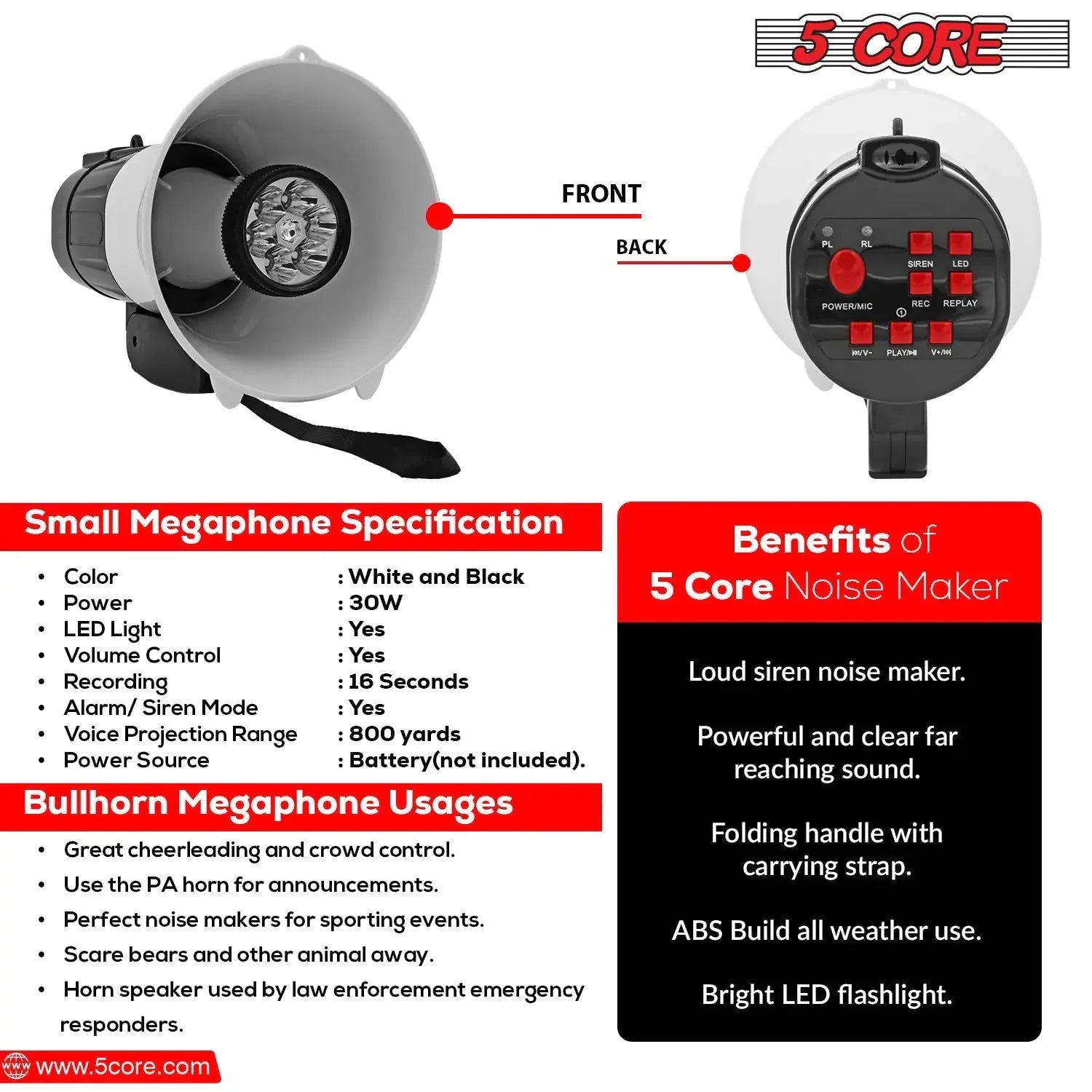 5Core Megaphone Bullhorn Speaker 30W LED Bull Horn Battery Power Cheer Megafono 800 Yard Anti Spier