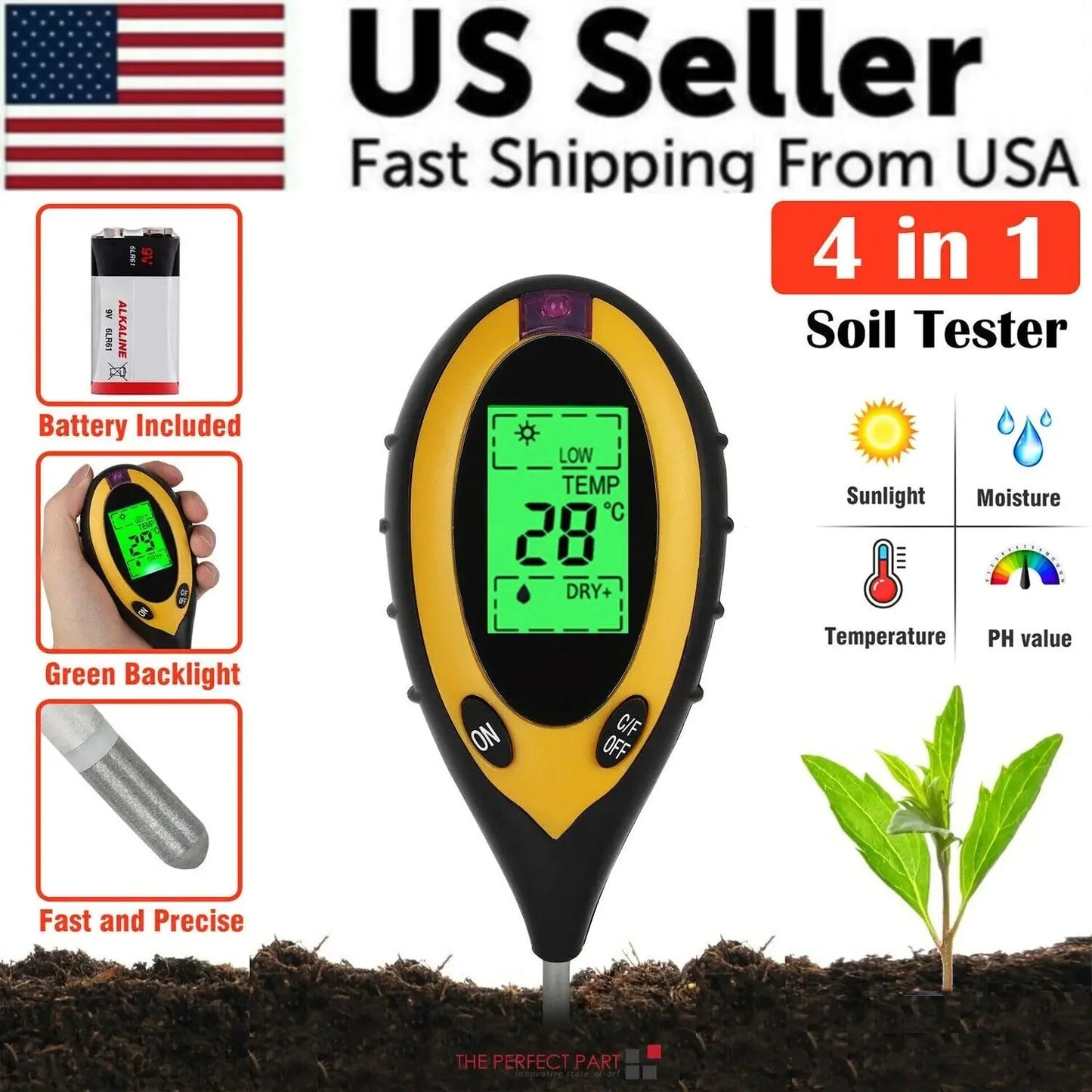 4 In 1 LCD Digital Soil Tester PH Water Moisture Temperature Sunlight Plant Test Anti Spier