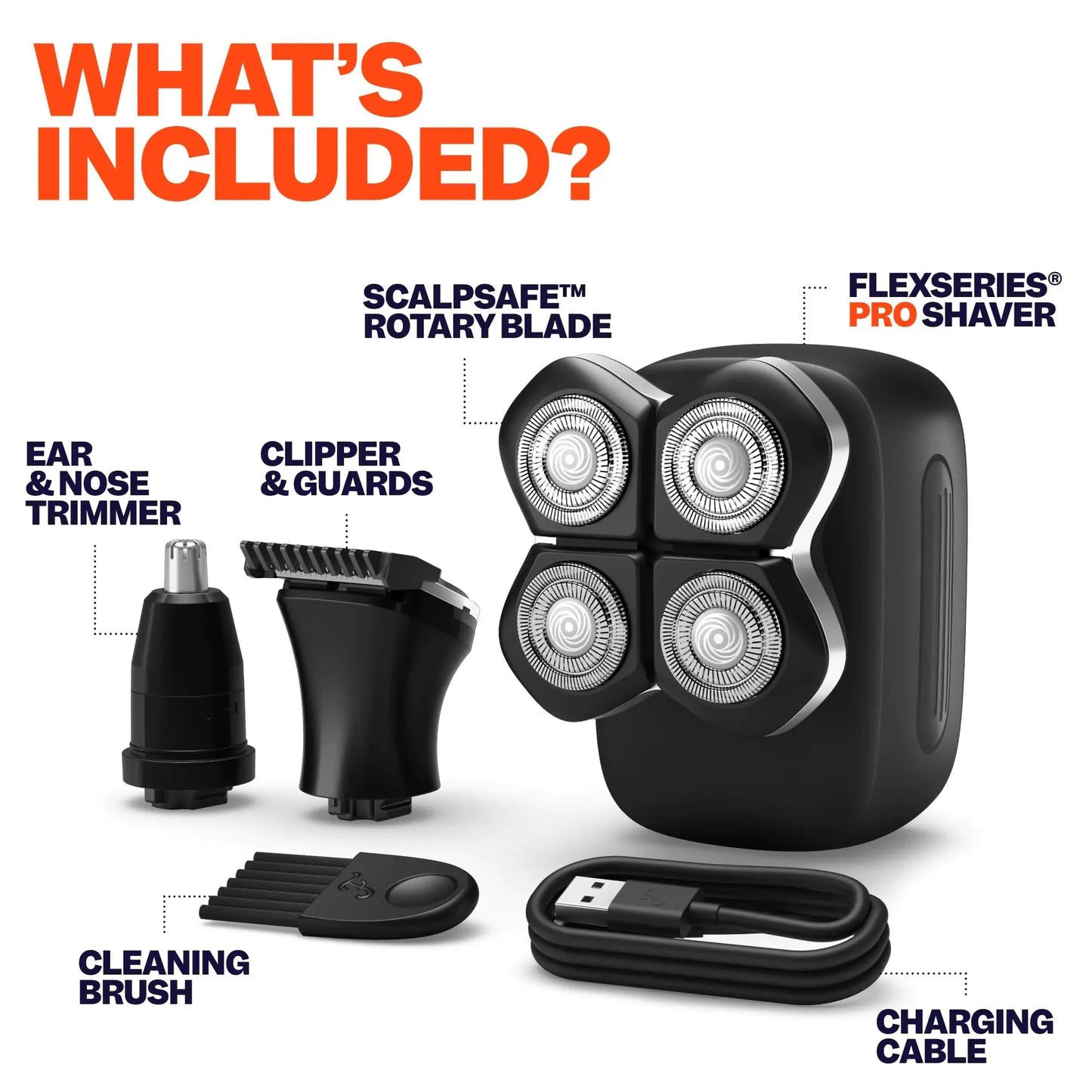 Freebird FlexSeries Pro Electric Head Shaver - Fast Smooth Head Shaver, Wet/Dry Shaving, Anti-Pinch, Rotary Electric Razor, USB Rechargeable, Cordless, 4 Flexible Blades, Ideal Gifts for Bald Men Anti Spier