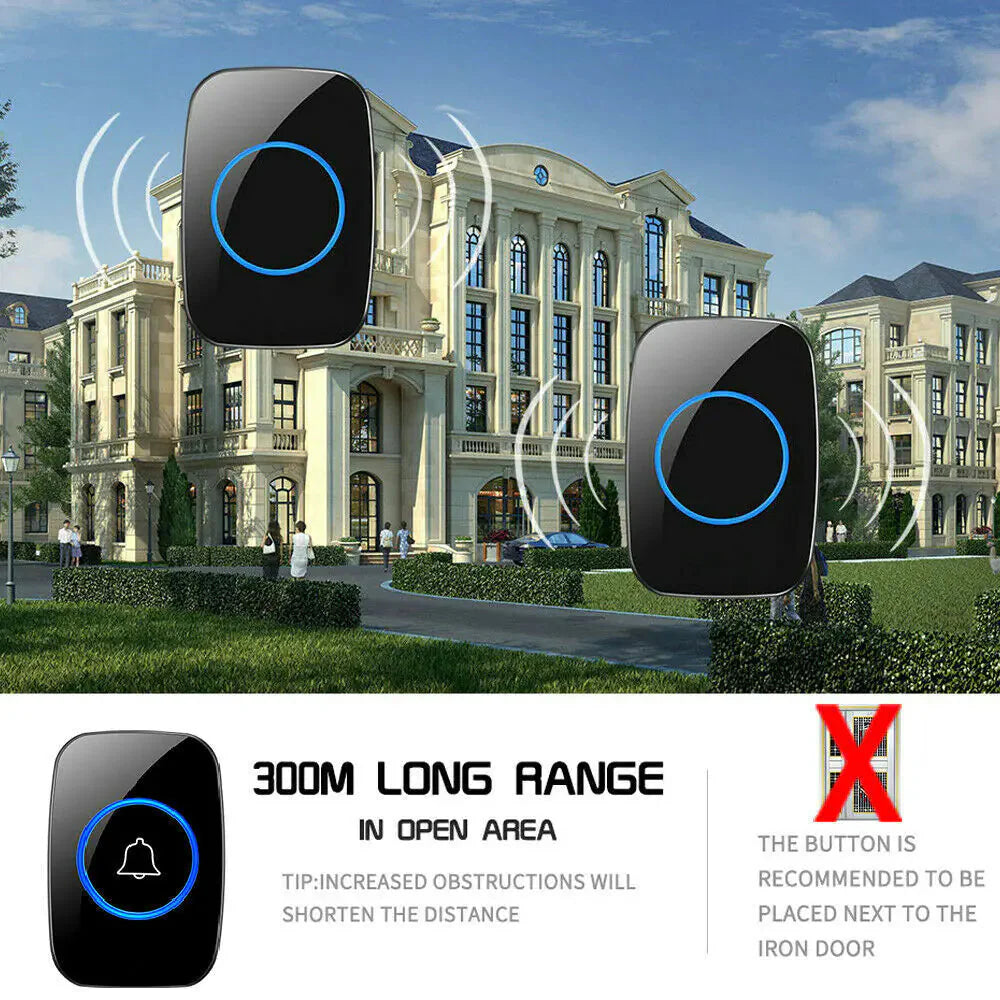 Wireless Doorbell Chime Waterproof Plugin Receiver Adjustable Volume 1000FT Kit Anti Spier