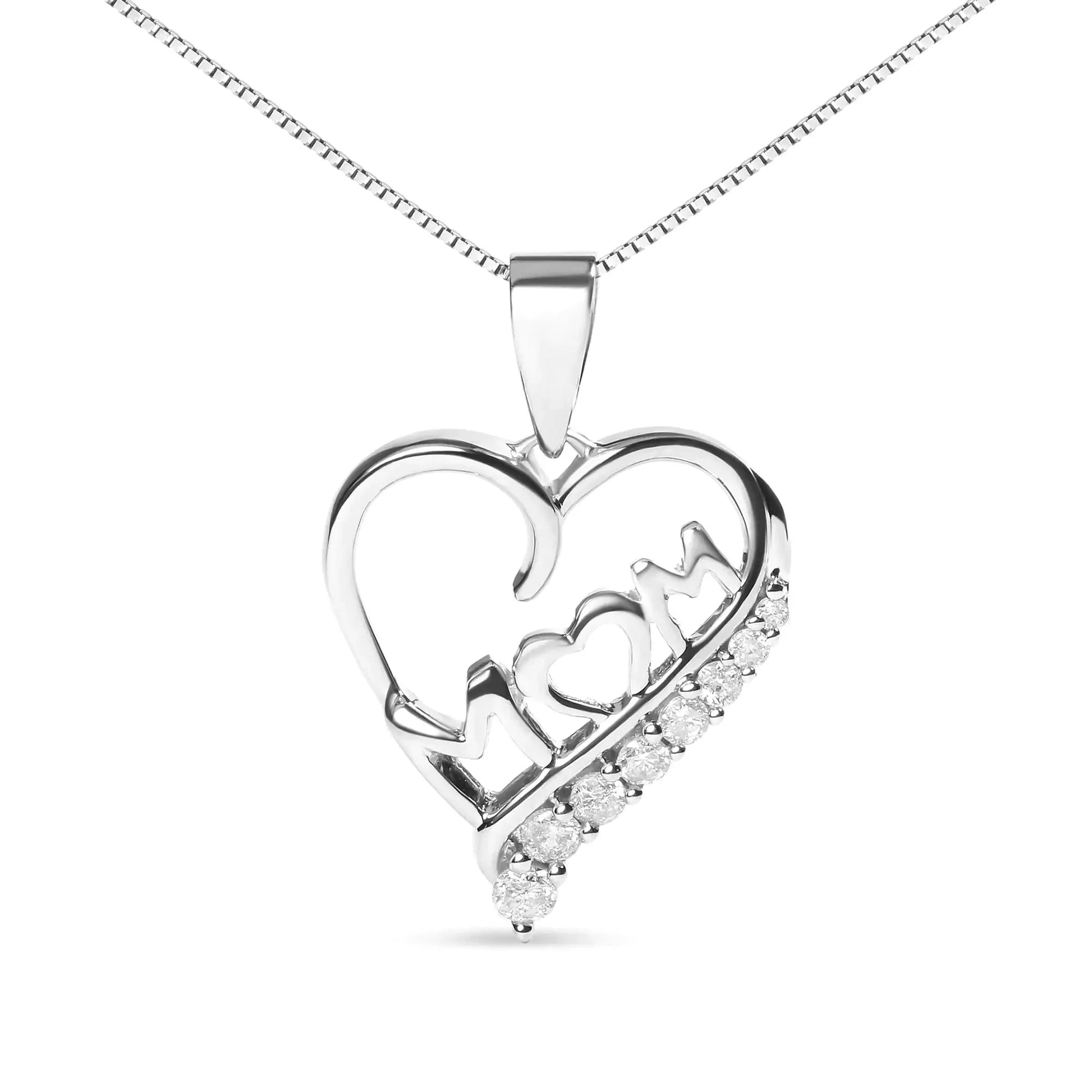 .925 Sterling Silver 1/4 Cttw Diamond "Mom" and Open Heart 18" Pendant Necklace (I - J Color, I2 - I3 Clarity) - Anti Spier - Anti Spier - necklace