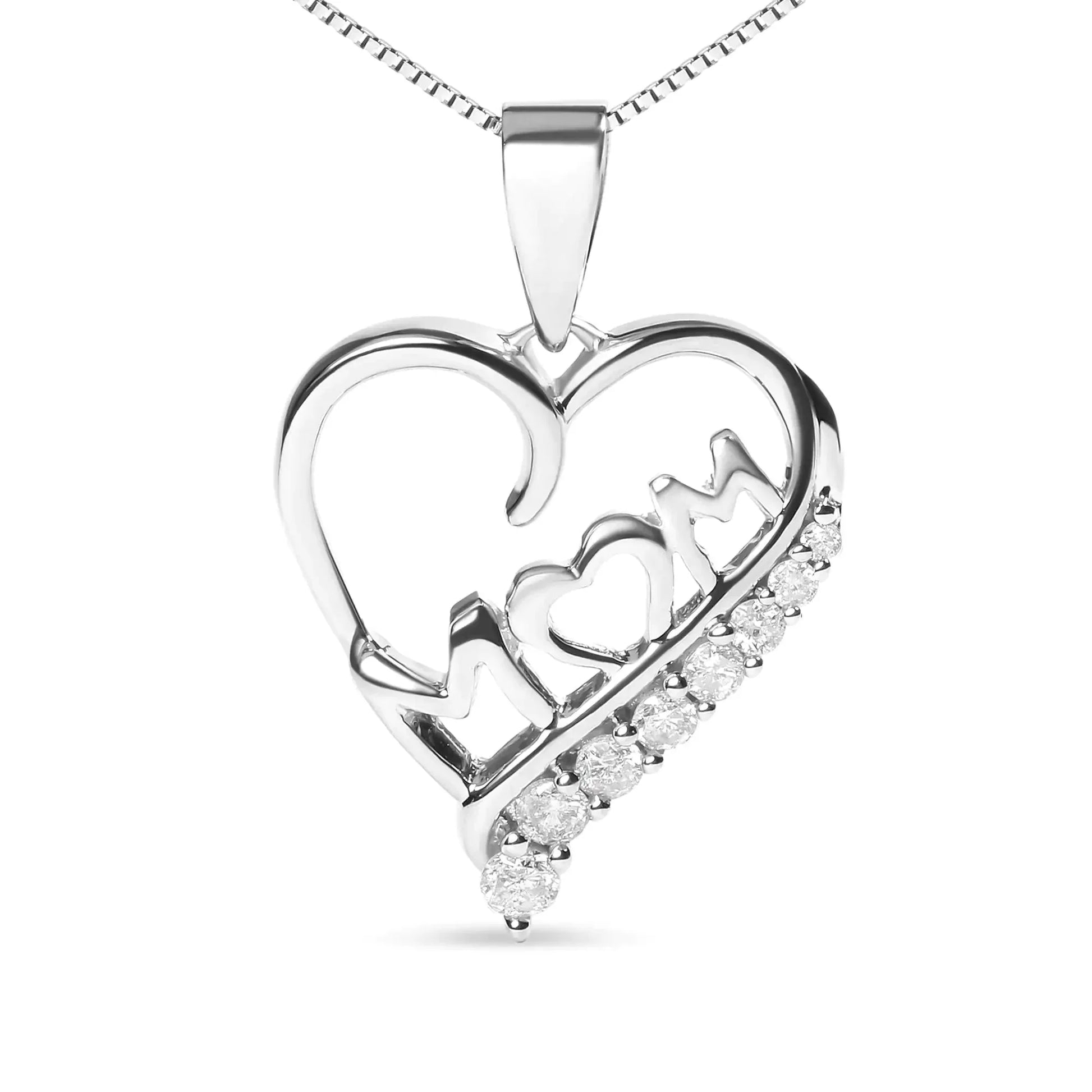 .925 Sterling Silver 1/4 Cttw Diamond "Mom" and Open Heart 18" Pendant Necklace (I - J Color, I2 - I3 Clarity) - Anti Spier - Anti Spier - necklace