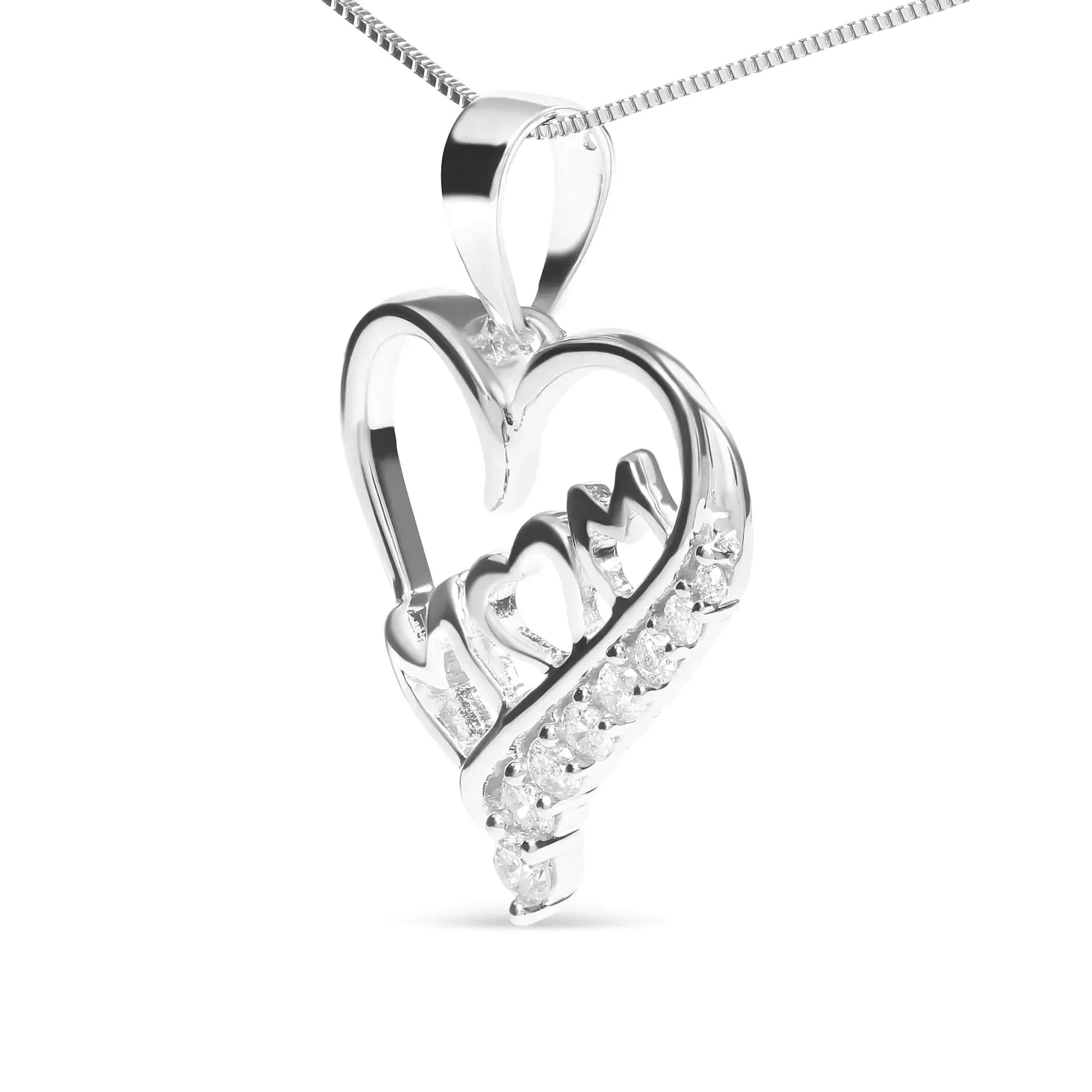.925 Sterling Silver 1/4 Cttw Diamond "Mom" and Open Heart 18" Pendant Necklace (I - J Color, I2 - I3 Clarity) - Anti Spier - Anti Spier - necklace