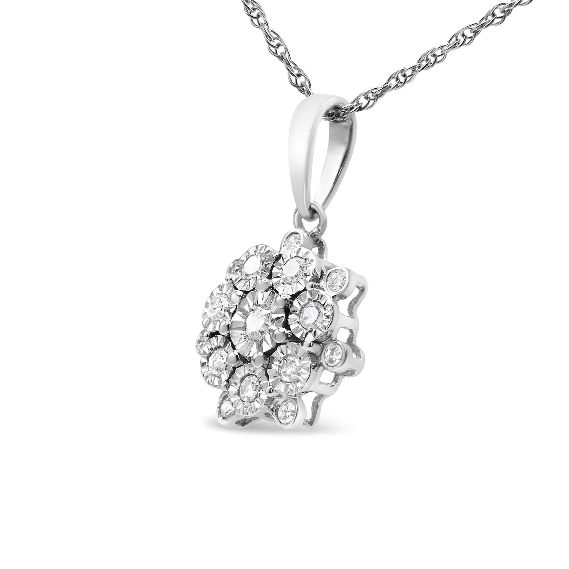 .925 Sterling Silver 1/4 Cttw Miracle Set Diamond Floral Cluster 18" Pendant Necklace for Women (I - J Color, I1 - I2 Clarity) - Anti Spier - Anti Spier - necklace