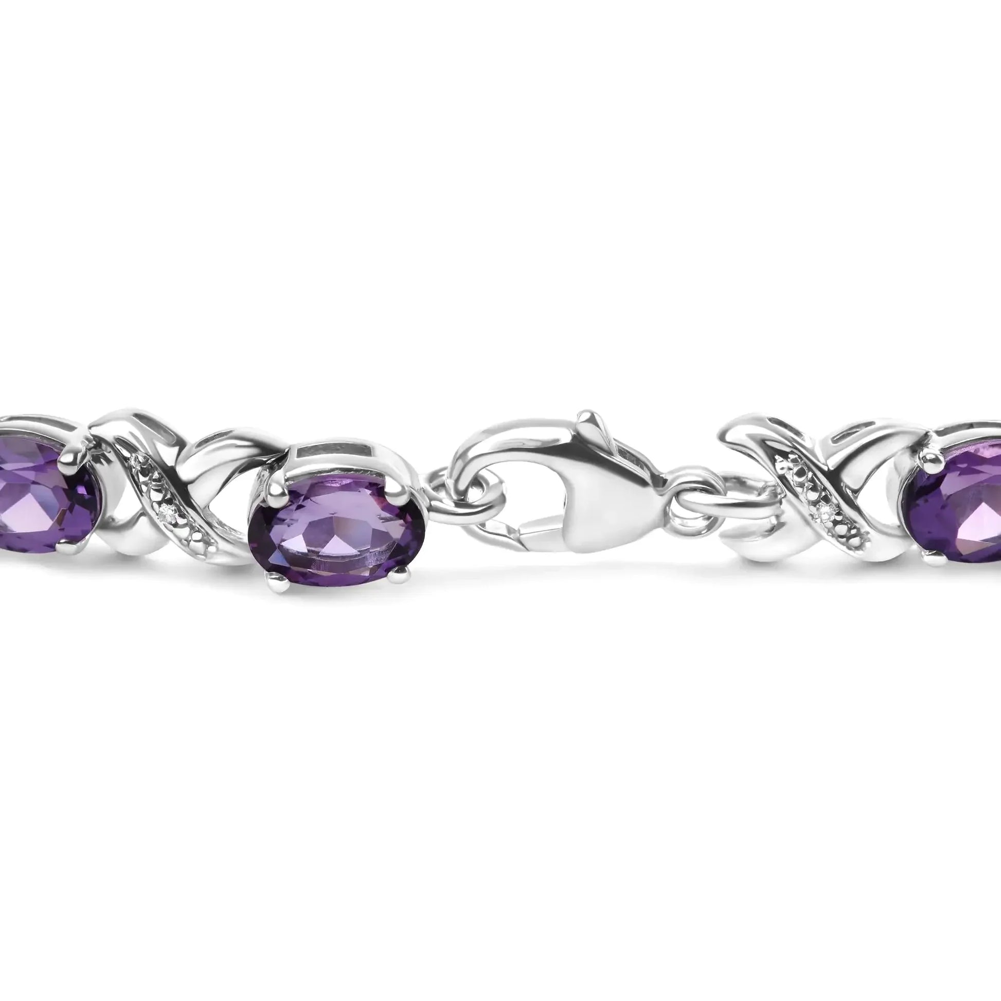 .925 Sterling Silver 7x5mm Oval Amethyst and Diamond Accent X - Link Bracelet (H - I Color, SI1 - SI2 Clarity) - Size 7" - Anti Spier - Anti Spier - bracelet