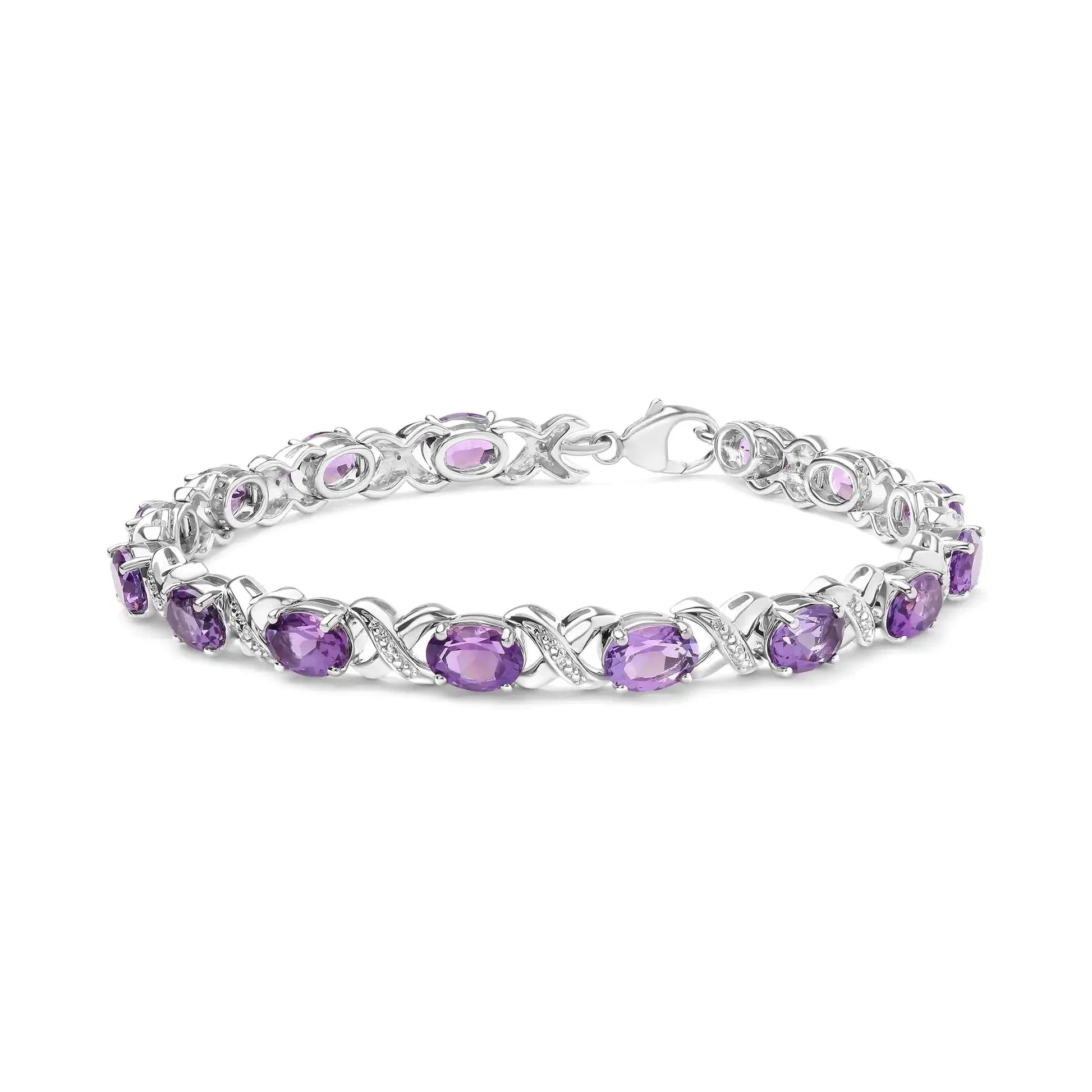.925 Sterling Silver 7x5mm Oval Amethyst and Diamond Accent X - Link Bracelet (H - I Color, SI1 - SI2 Clarity) - Size 7" - Anti Spier - Anti Spier - bracelet