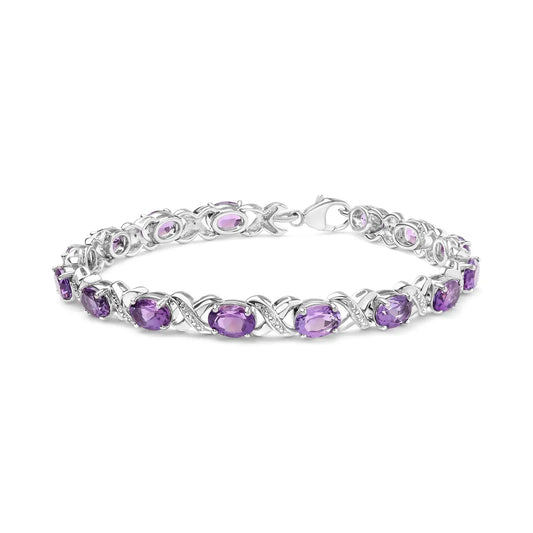 .925 Sterling Silver 7x5mm Oval Amethyst and Diamond Accent X - Link Bracelet (H - I Color, SI1 - SI2 Clarity) - Size 7" - Anti Spier - Anti Spier - bracelet