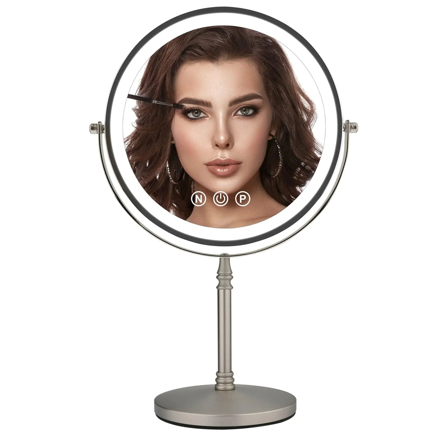 9" Large Makeup Mirror with Lights, 1X/10X Magnifying Vanity Mirror with 3 Colors Dimmable Lightning, 80 LED Lights, 360°Rotation Double Sided Standing Lighted Makeup Mirror Nickel Matte Nickel Anti Spier