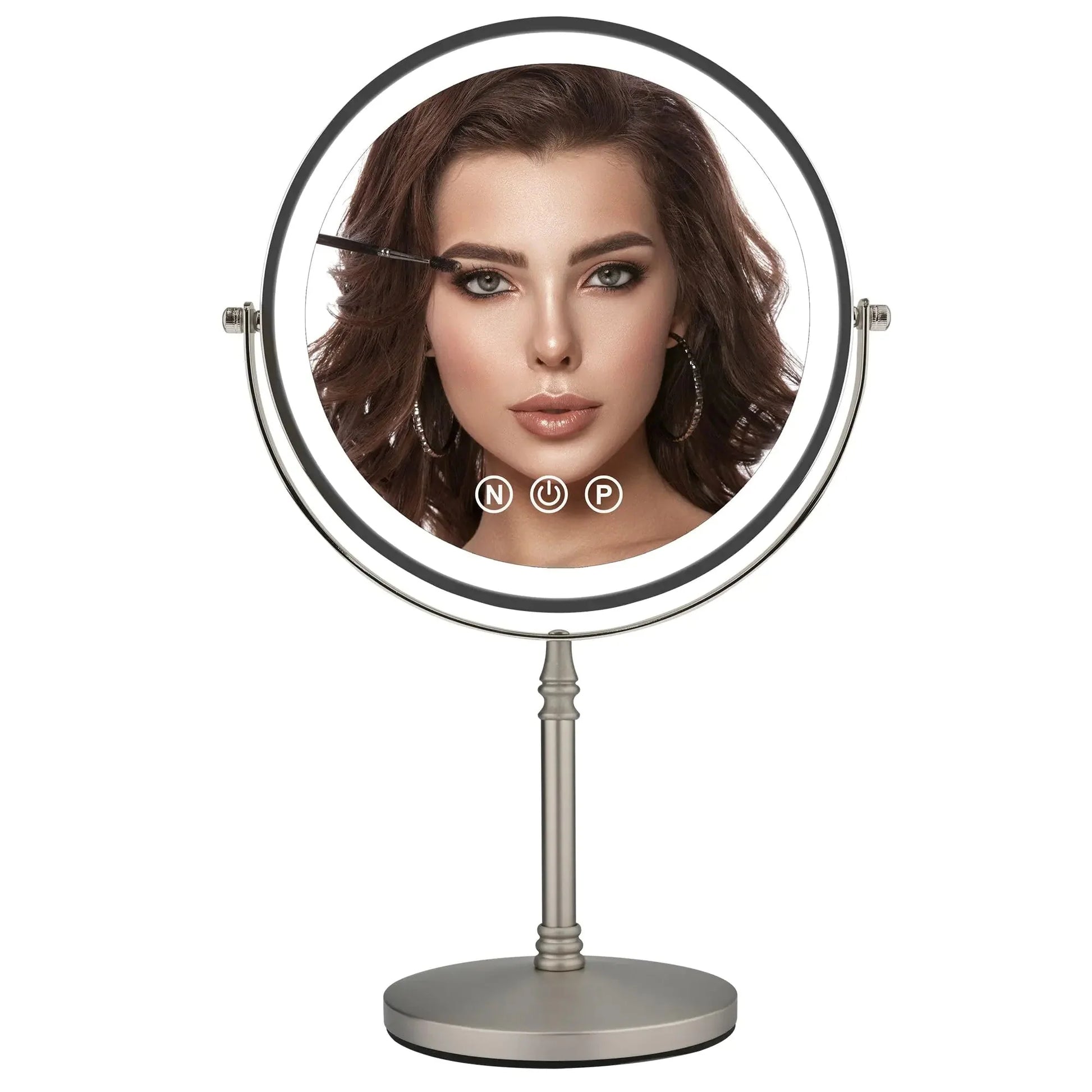 9" Large Makeup Mirror with Lights, 1X/10X Magnifying Vanity Mirror with 3 Colors Dimmable Lightning, 80 LED Lights, 360°Rotation Double Sided Standing Lighted Makeup Mirror Nickel Matte Nickel Anti Spier