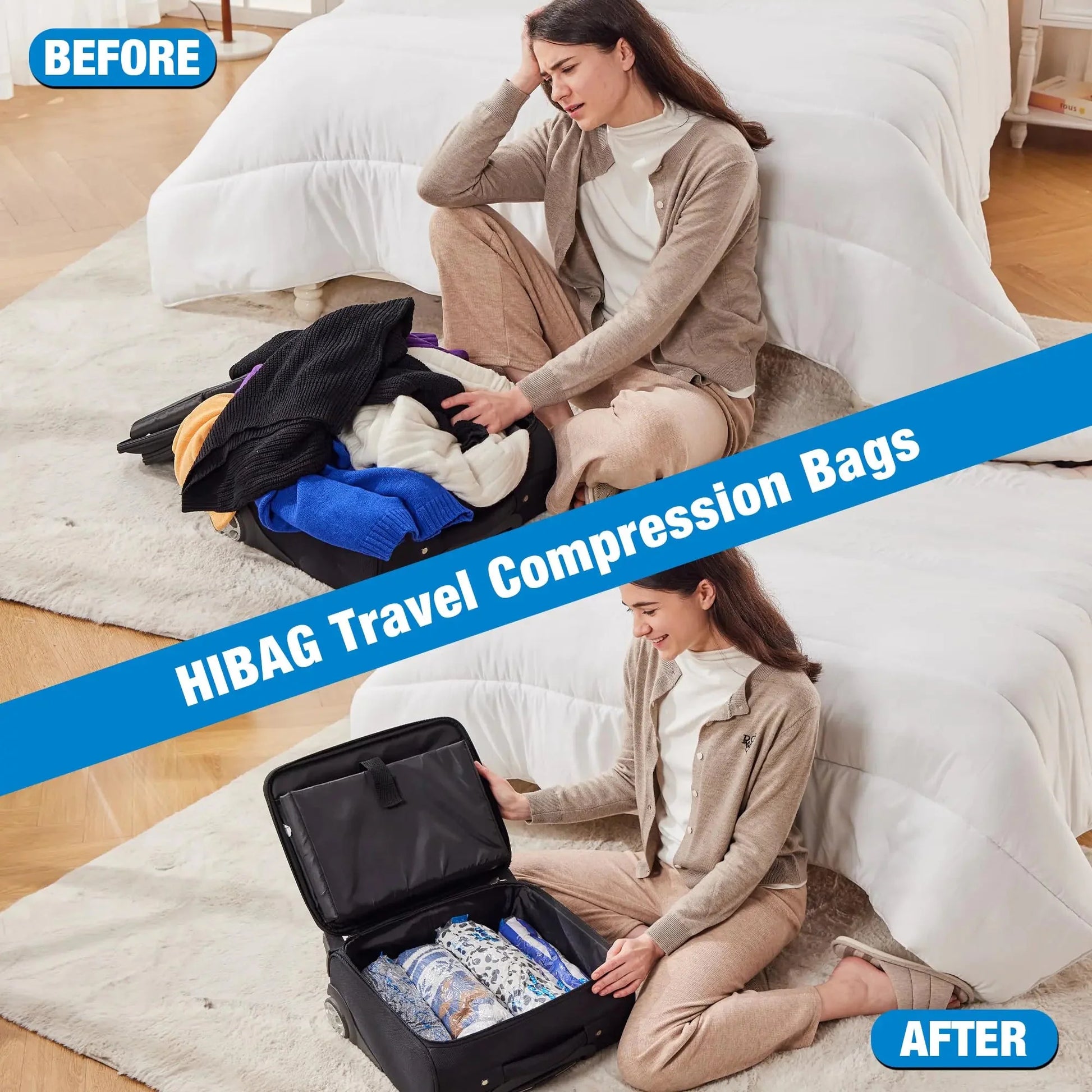 HIBAG 12 Compression Bags for Travel, Travel Essentials Compression Bags, Vacuum Packing Space Saver Zipper Bags for Cruise Travel Accessories (12-Travel) Anti Spier