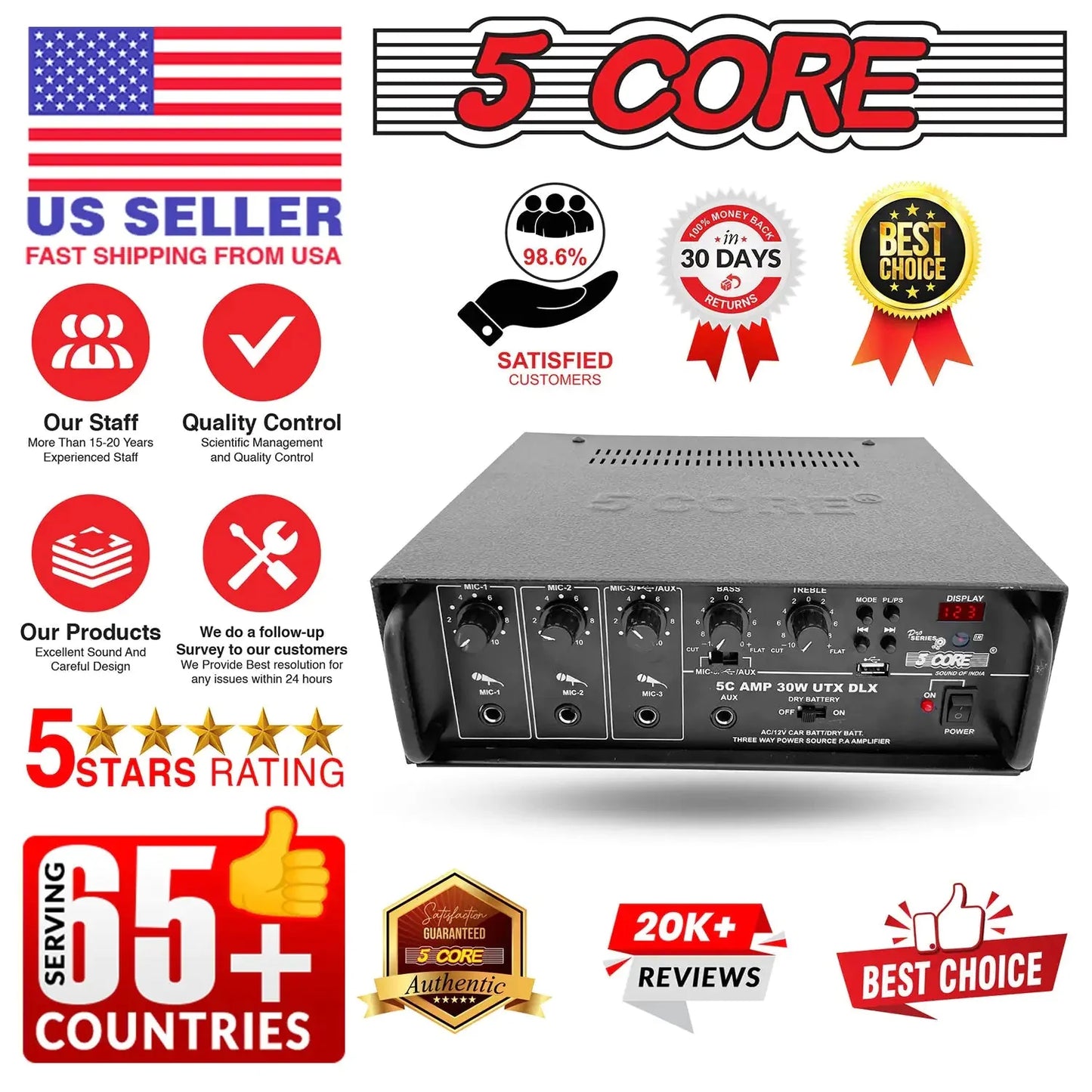 5Core Amplifier Home Audio Stereo Receiver PA Speaker Microphone Surround Sound Amp Anti Spier