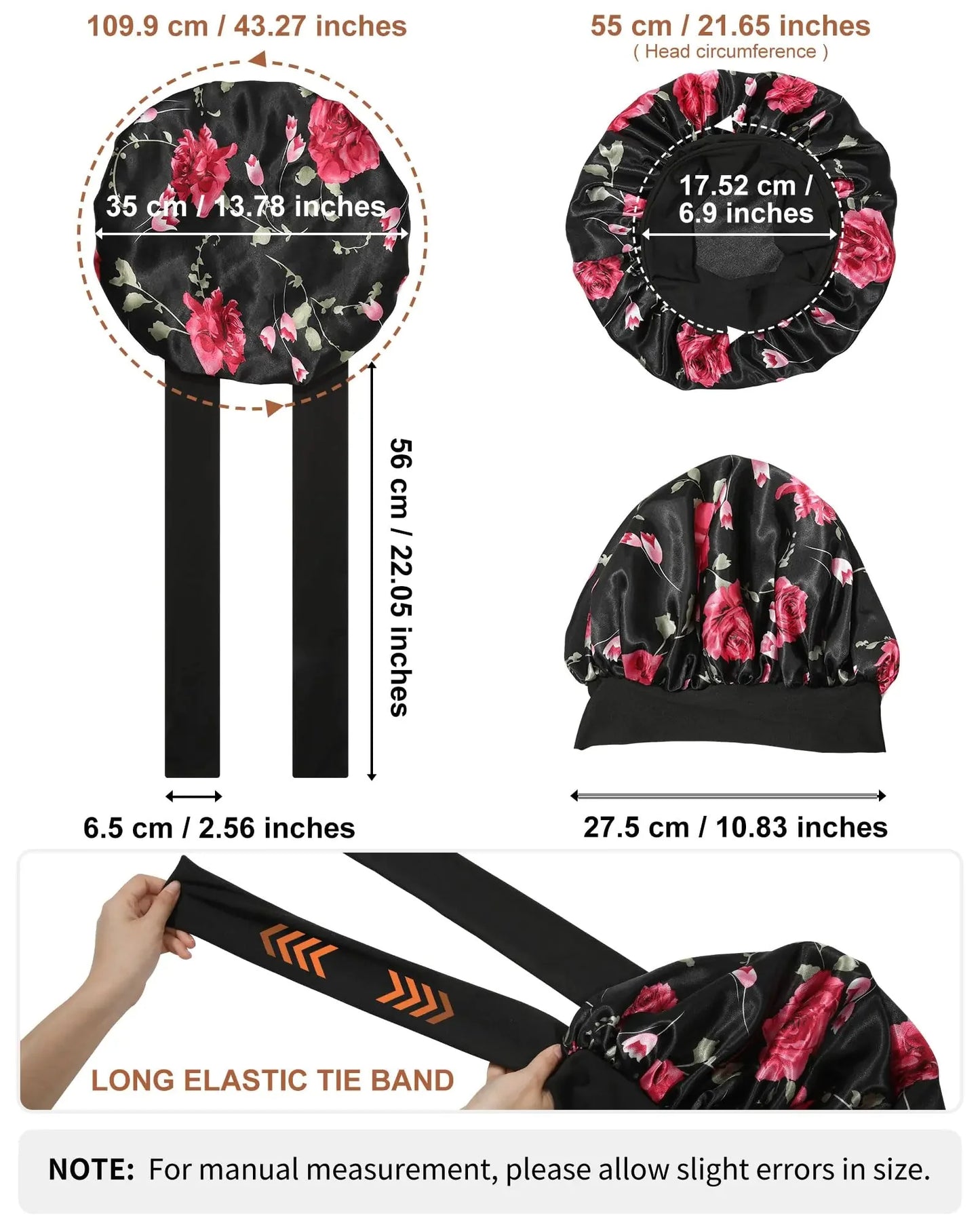 Satin Bonnet for Women Silk Bonnets for Sleeping Curly Hair Bonnet with Tie Band Double Layer Sleep Cap Hair Wrap 7-7 3/8 Black + Red Flower Anti Spier