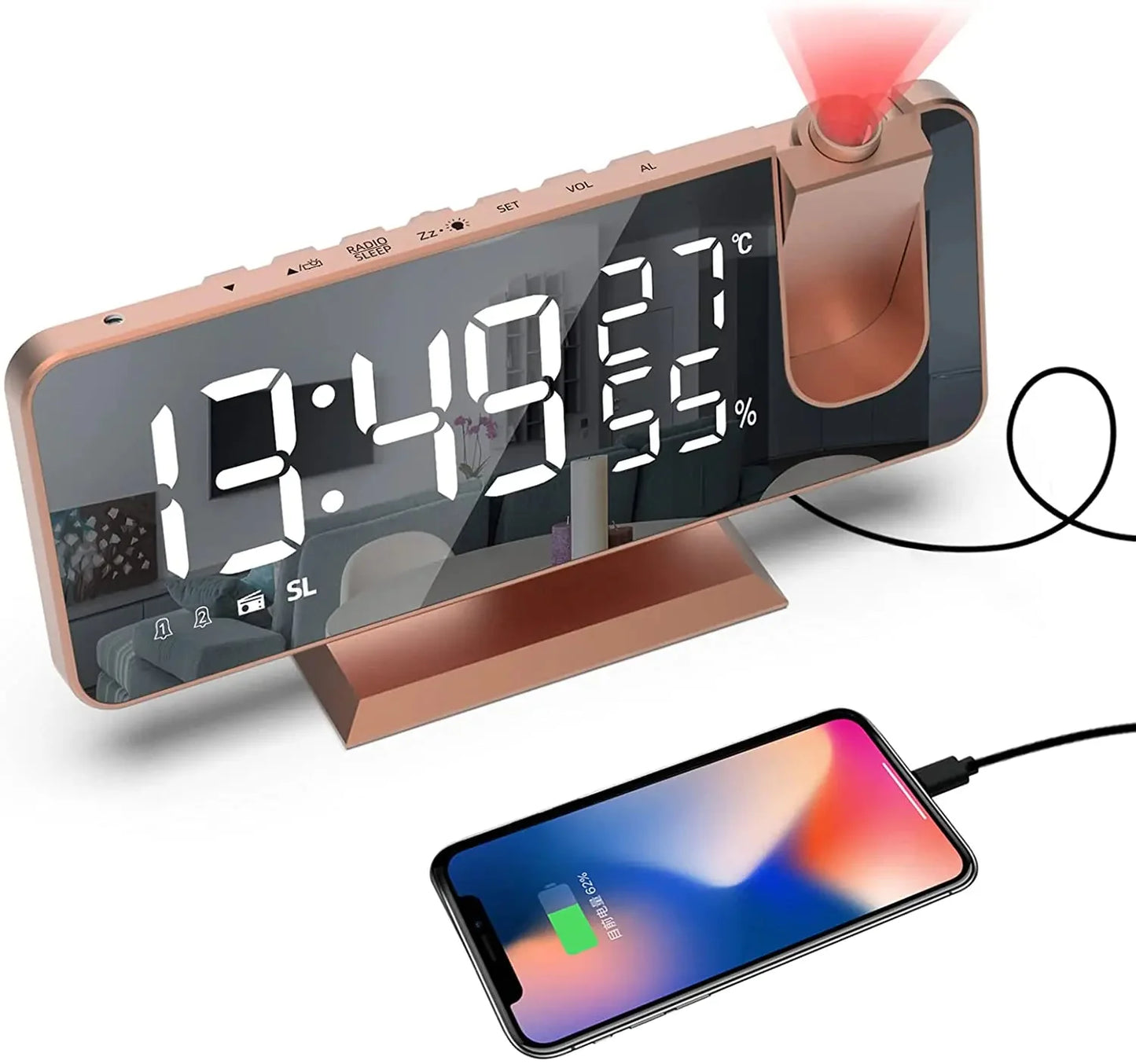 LED Projection Digital Alarm Clock Phone Charger Anti Spier