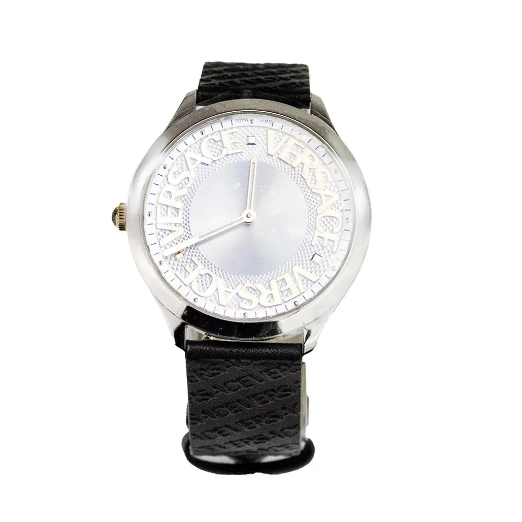 Versace 38mm Silver Logo Halo Dial Embossed Leather Watch - Anti Spier 