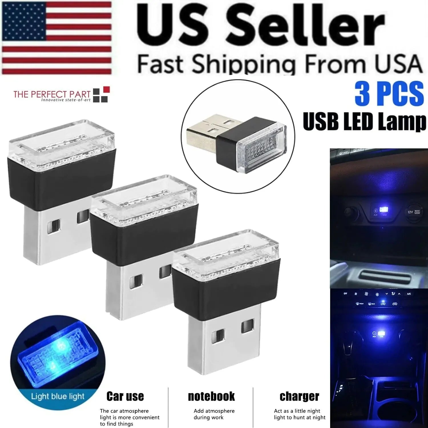3x Mini Blue LED USB Car Interior Light Neon Atmosphere Ambient Lamp Accessories Anti Spier