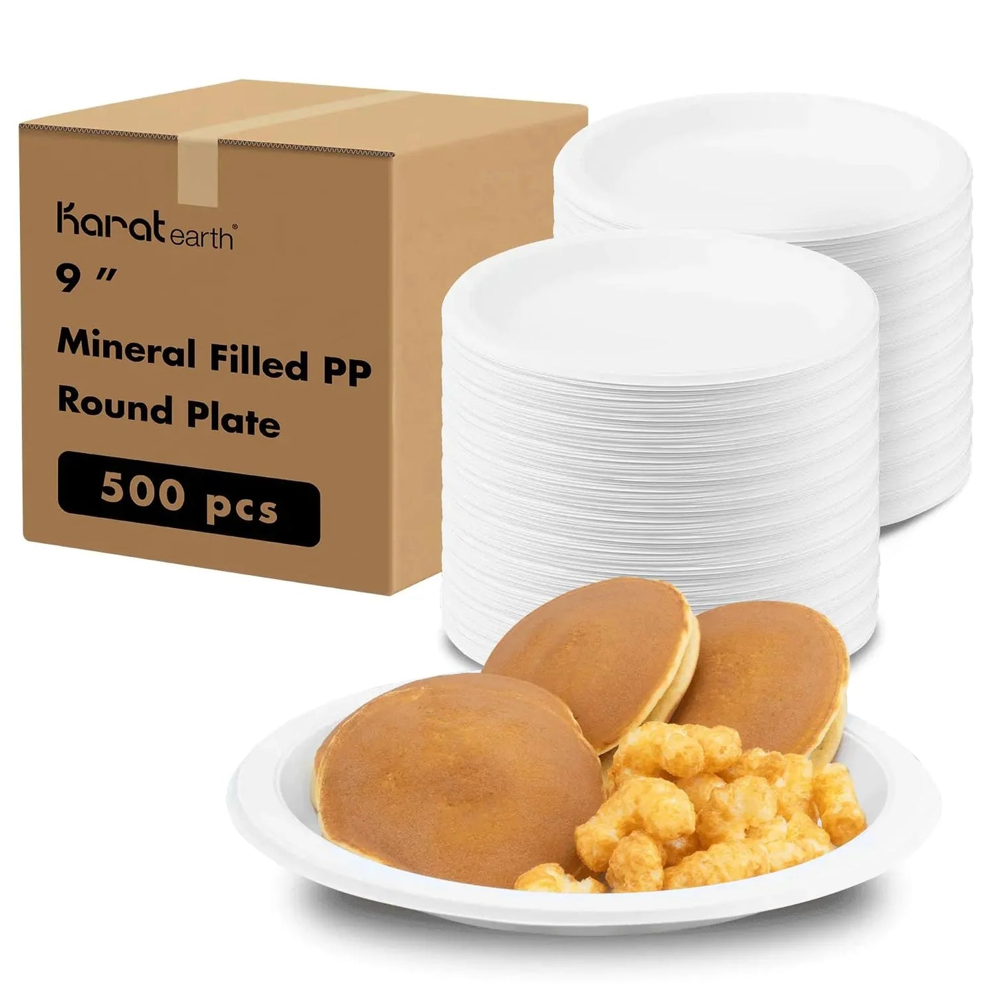 KARAT EARTH [9" - 500 pcs - 1 Compartment White Round Heavy Duty Disposable Plates - Eco Friendly Mineral Filled PP Plastic Reduce Plastic Use Anti Spier