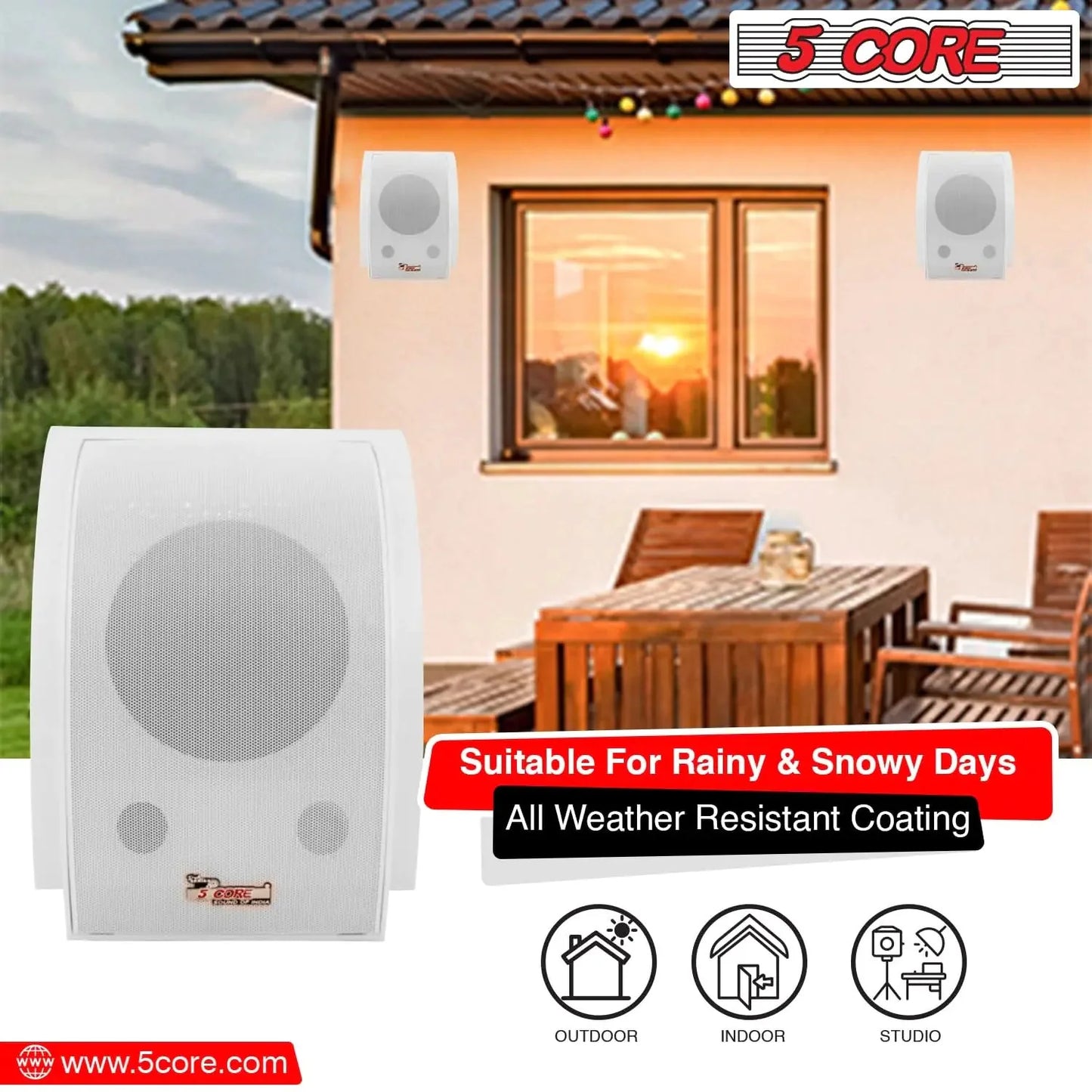 5Core Outdoor Speakers Stereo In Wall 100W Peak Passive Home Audio System Anti Spier
