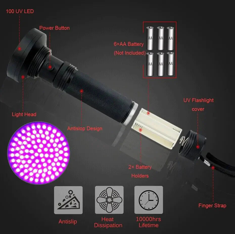 UV Ultraviolet Light 100 LED Flashlight BlackLight 395nM Inspection Lamp Torch Anti Spier