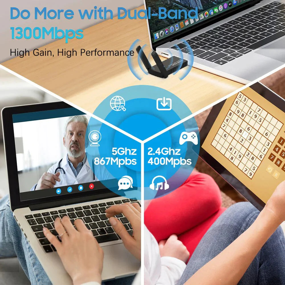 USB 3.0 Wireless WIFI Adapter 1300Mbps Long Range Dongle Dual Band 5Ghz Network Anti Spier