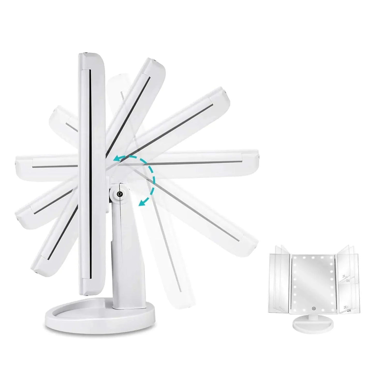 Floor Mount Tri-Fold Lighted Vanity Mirror with 21 LED Lights, Touch Screen and 3X/2X/1X Magnification, Two Power Supply Modes Make Up Mirror,Travel Mirror White Anti Spier