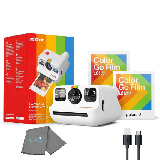 Polaroid Generation 2 Go Instant Mini Camera Starter Set White Instant Camera with 32 Polaroid Go Color Instant Film Bundle with a Lumintrail Lens Cleaning Cloth Anti Spier