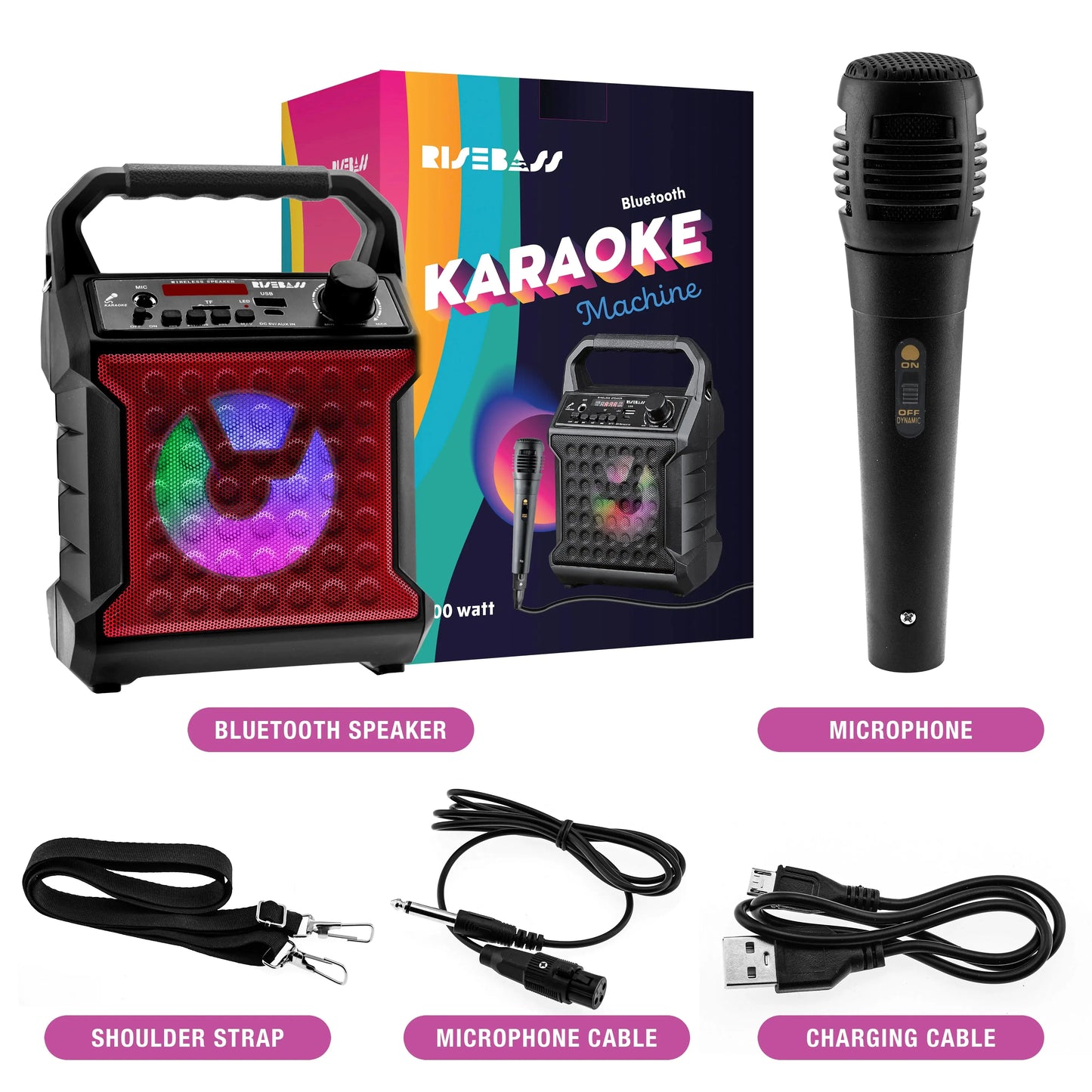 Risebass Portable Karaoke Machine with Microphone - Home Karaoke System with Party Lights for Kids and Adults - Rechargeable USB Speaker Set with FM Radio, SD/TF Card Support, and AUX-in Anti Spier