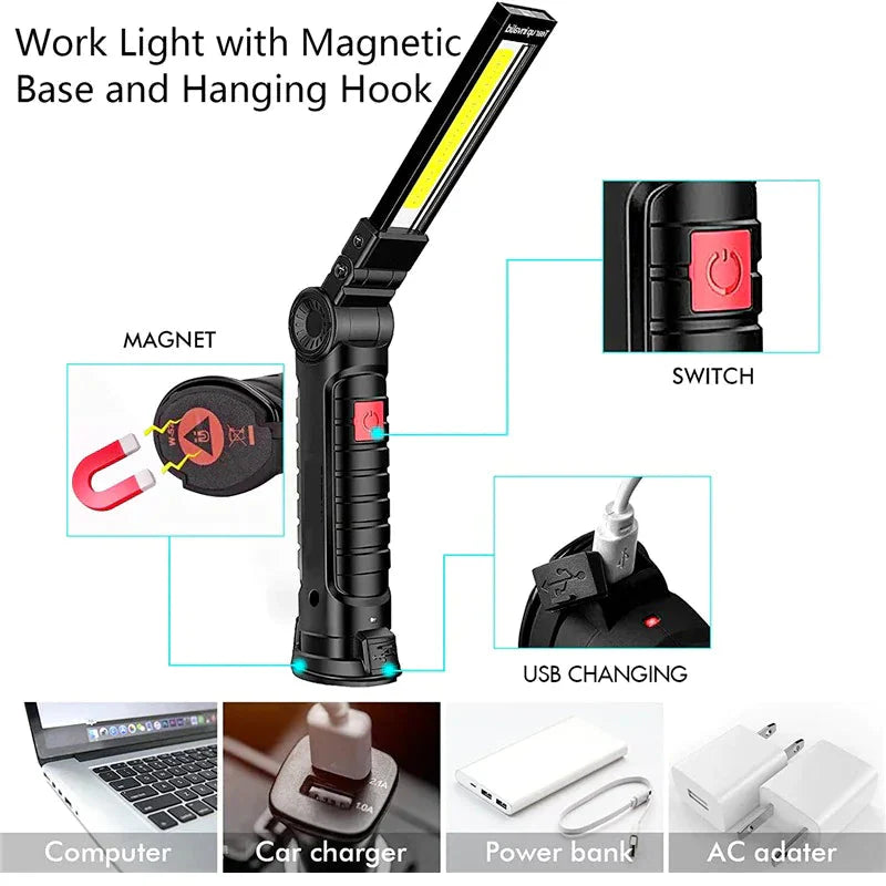 Rechargeable LED COB Work Light Mechanic Flashlight Lamp Magnetic Base Bright Anti Spier