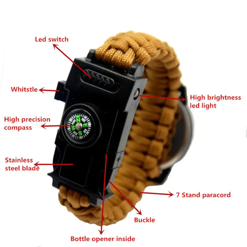 Outdoor Multi function Camping Survival Watch Bracelet Tools With LED Light Anti Spier