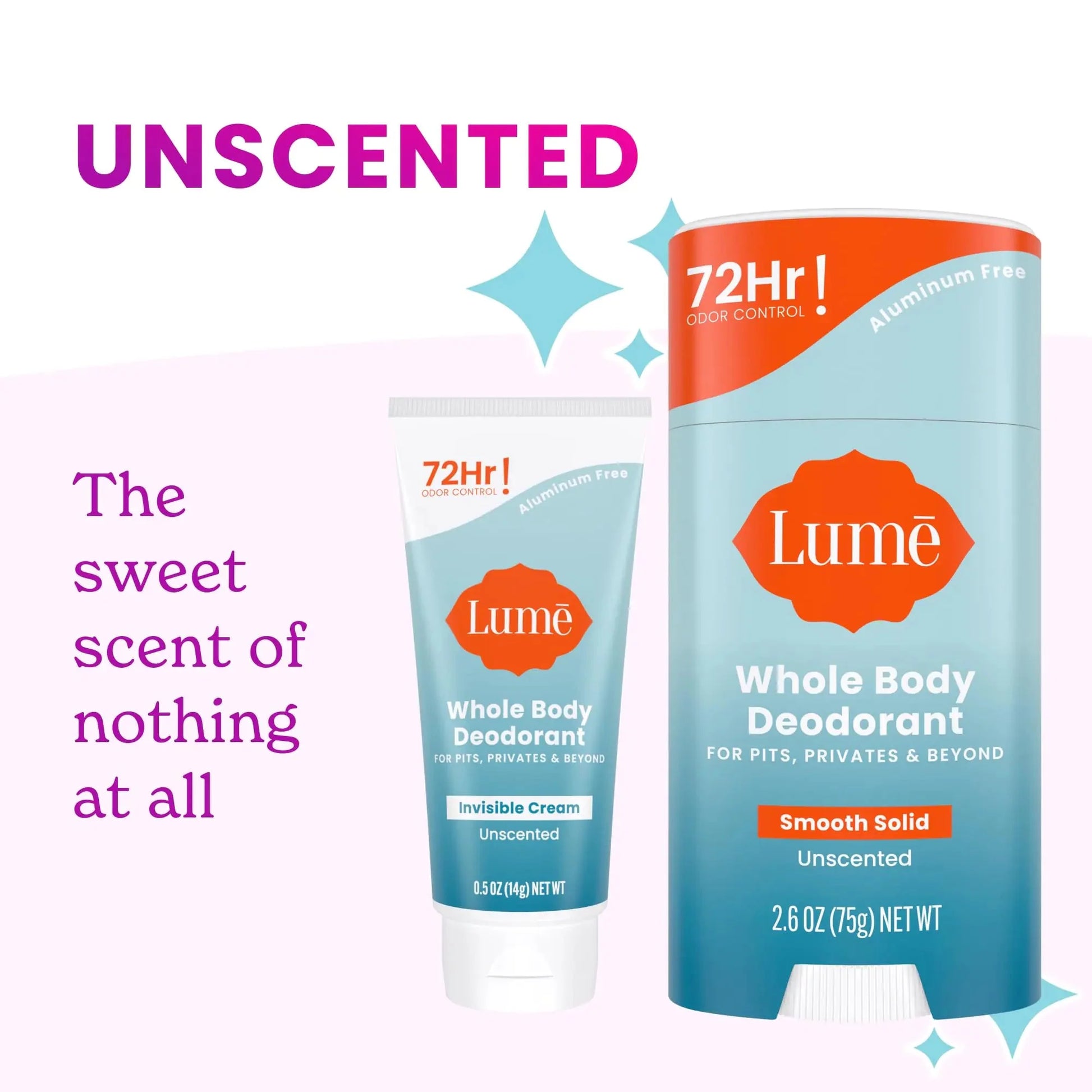 Lume Whole Body Deodorant - Invisible Cream Tube Mini and Solid Stick - 72 Hour Odor Control - Aluminum Free, Baking Soda Free, Skin Safe - 0.5 Oz Mini Tube + 2.6 Oz Solid Stick (Unscented) Unscented Anti Spier