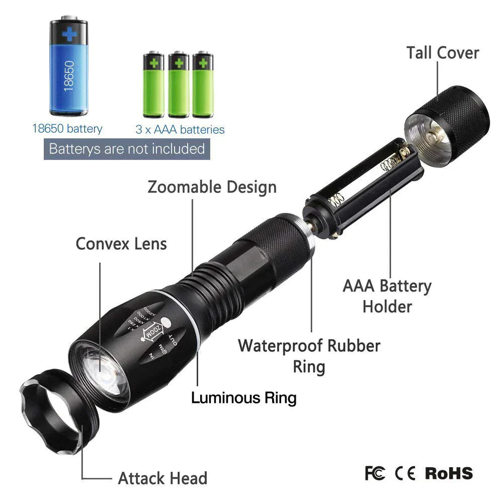 Super-Bright 90000LM LED Tactical Flashlight 5 Modes Zoomable Torch Searchlight Anti Spier