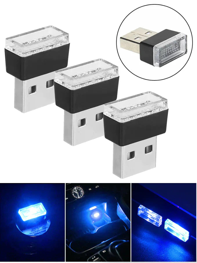 3x Mini Blue LED USB Car Interior Light Neon Atmosphere Ambient Lamp Accessories Anti Spier