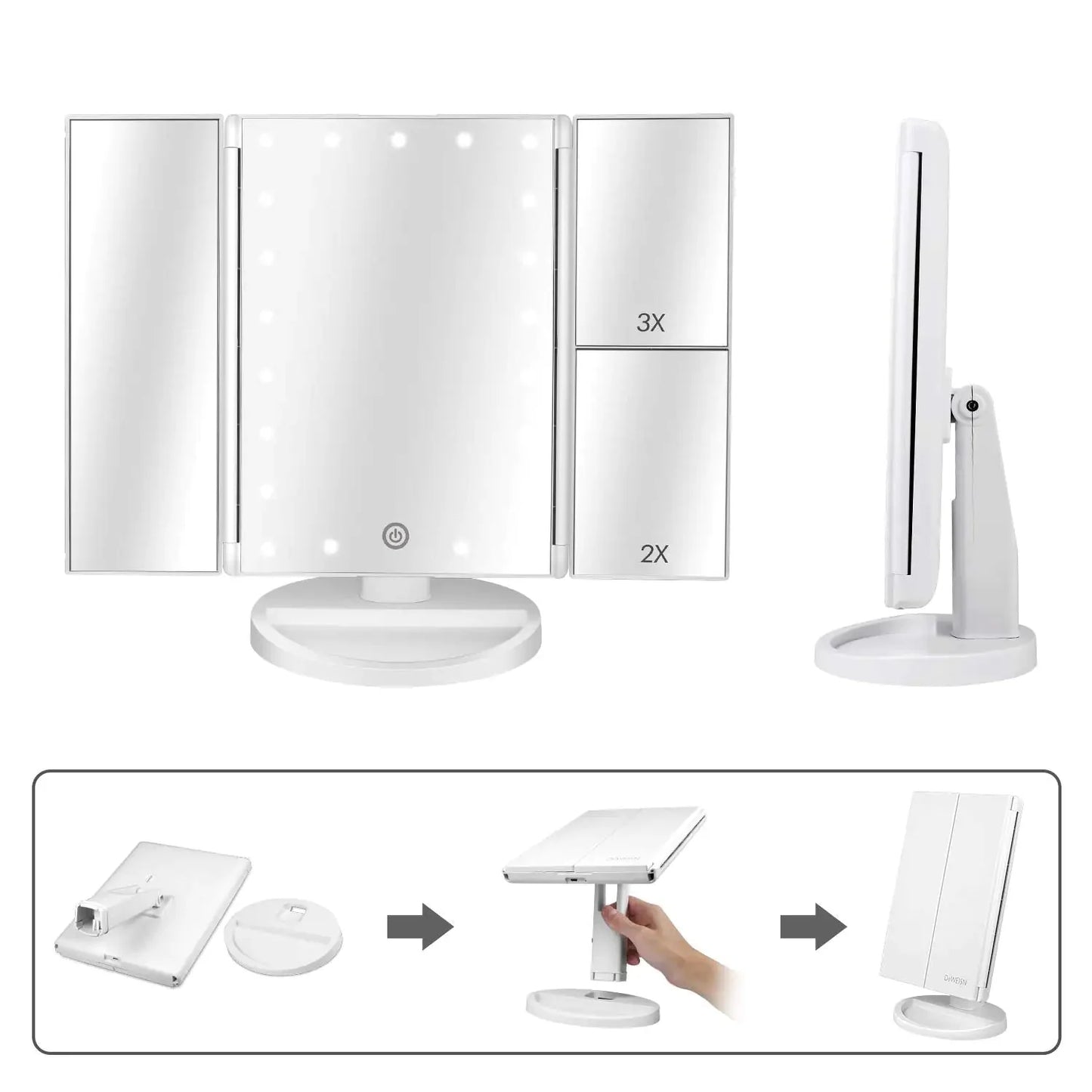 Floor Mount Tri-Fold Lighted Vanity Mirror with 21 LED Lights, Touch Screen and 3X/2X/1X Magnification, Two Power Supply Modes Make Up Mirror,Travel Mirror White Anti Spier