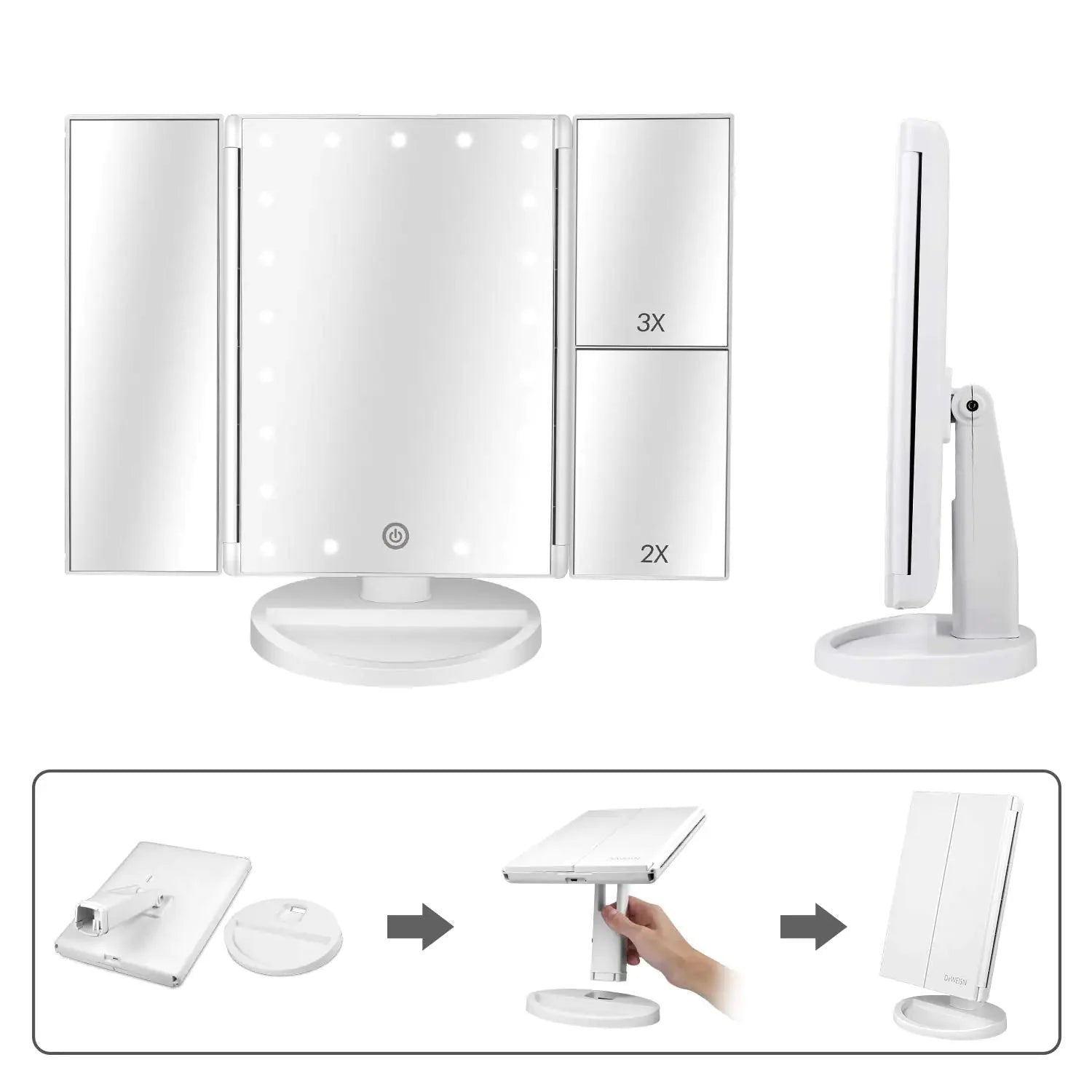 Floor Mount Tri-Fold Lighted Vanity Mirror with 21 LED Lights, Touch Screen and 3X/2X/1X Magnification, Two Power Supply Modes Make Up Mirror,Travel Mirror White Anti Spier