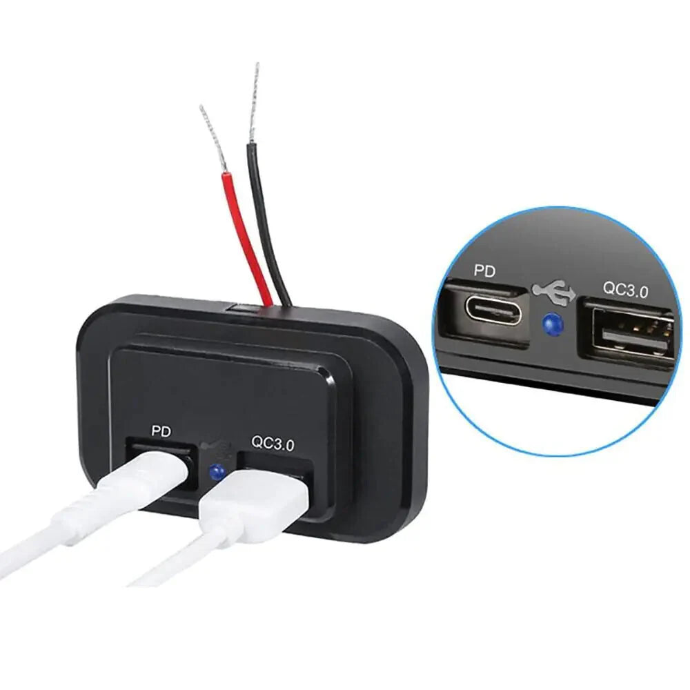 12-24V 4.8A Dual USB PD QC3.0 Car Boat RV Fast Charger Socket LED Power Outlet Anti Spier