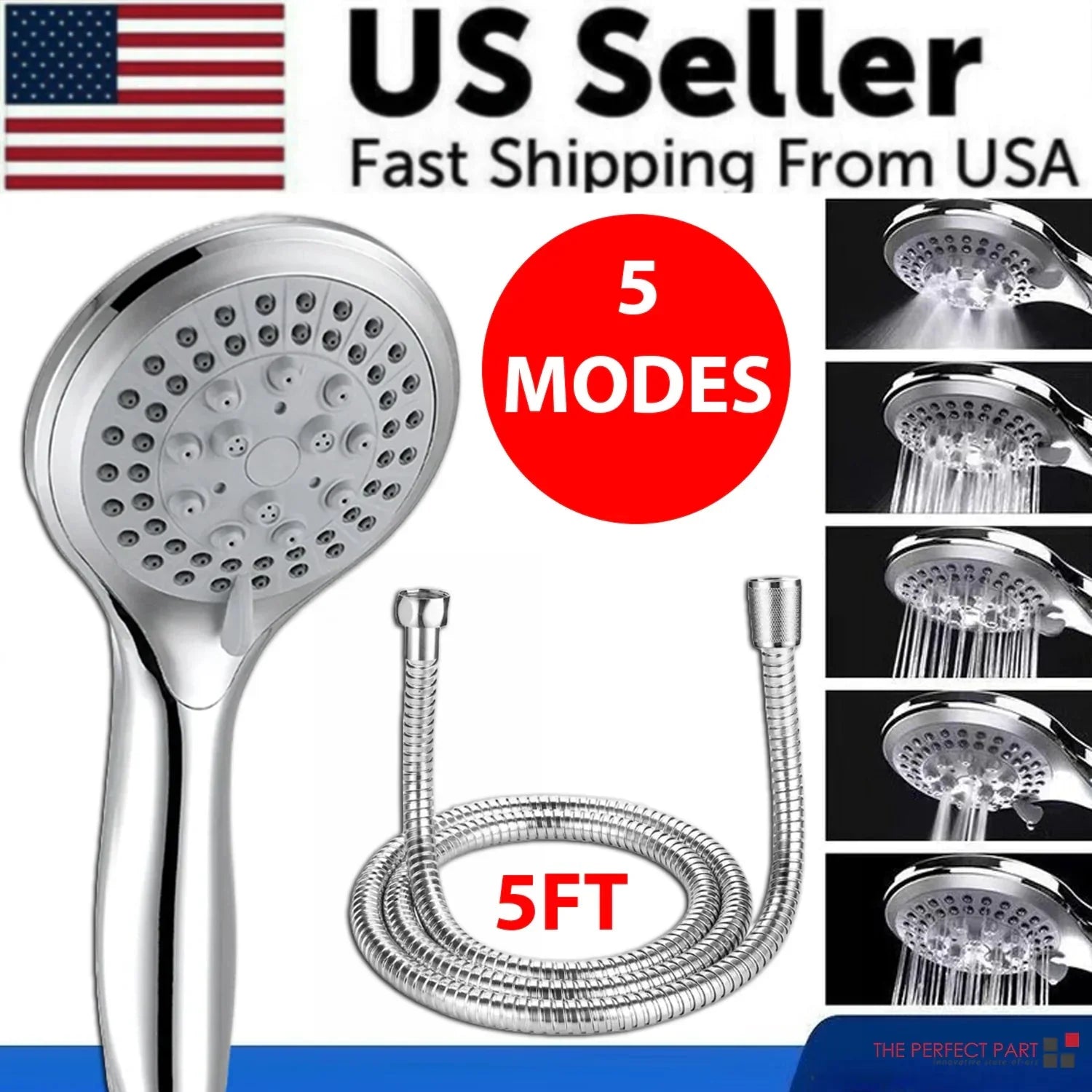 High Pressure Shower Head 5 Settings Handheld Shower Heads Spray With 5 FT Hose Anti Spier