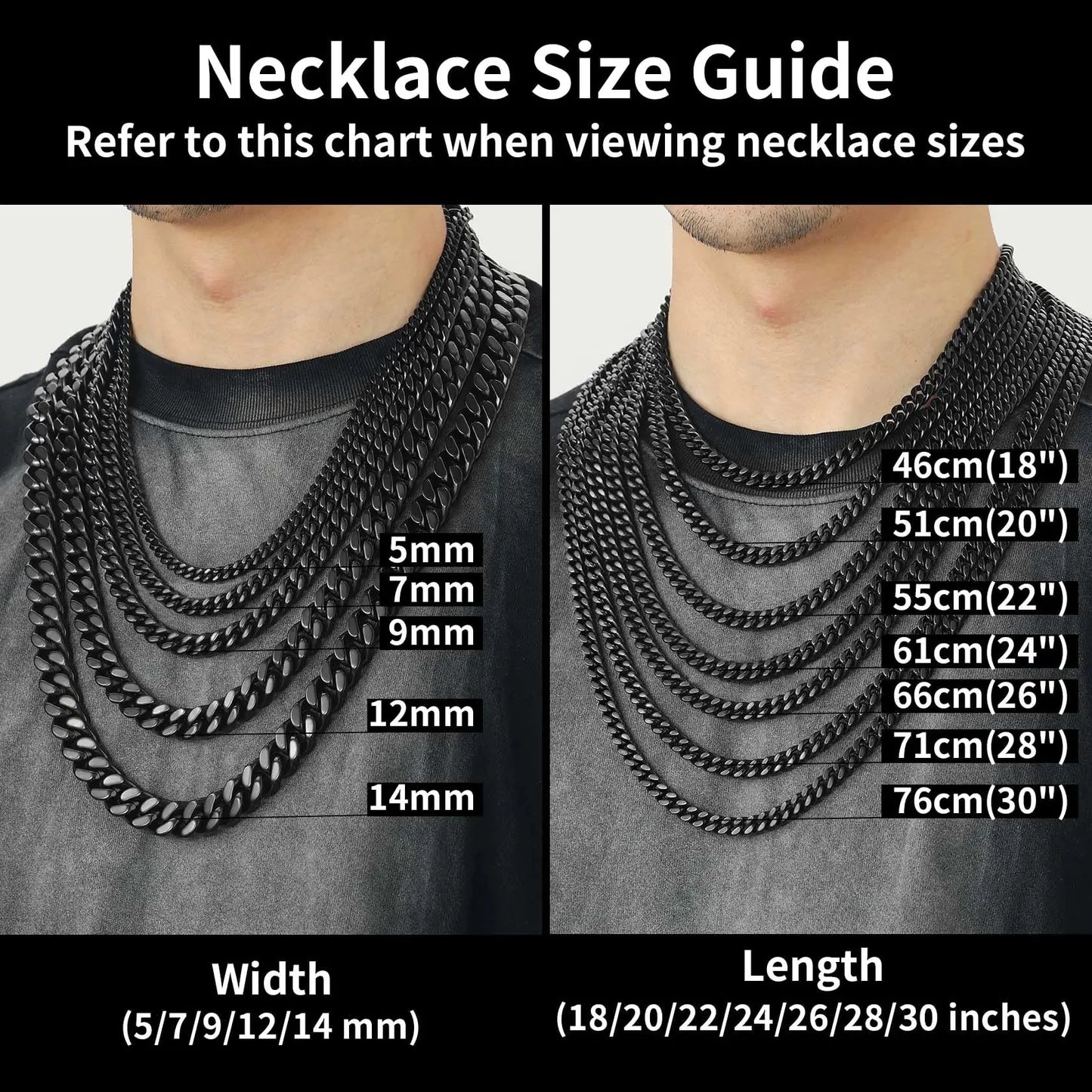 ChainsHouse Stainless Steel Mens Cuban Link Chain, Black/18K Gold Miami Cuban Chain Necklace, 5/7/9mm/12mm Width, No Tarnish& Durable Hip Hop Mens Jewelry, 18"-30", Send Gift Box 20 inches d. 12mm width-black Anti Spier