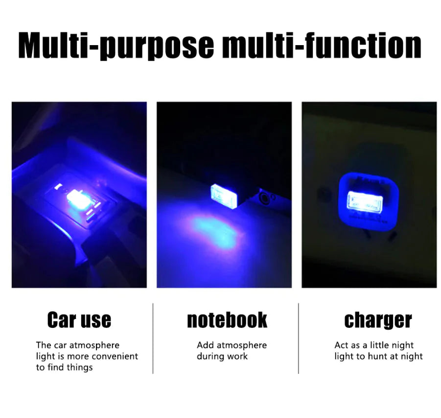 3x Mini Blue LED USB Car Interior Light Neon Atmosphere Ambient Lamp Accessories Anti Spier