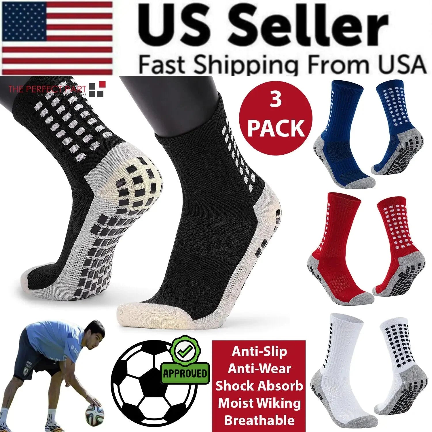 3 Pair Sport Socks Anti Slip W/ Grip Soccer Men Football Basketball Sock Premium Anti Spier