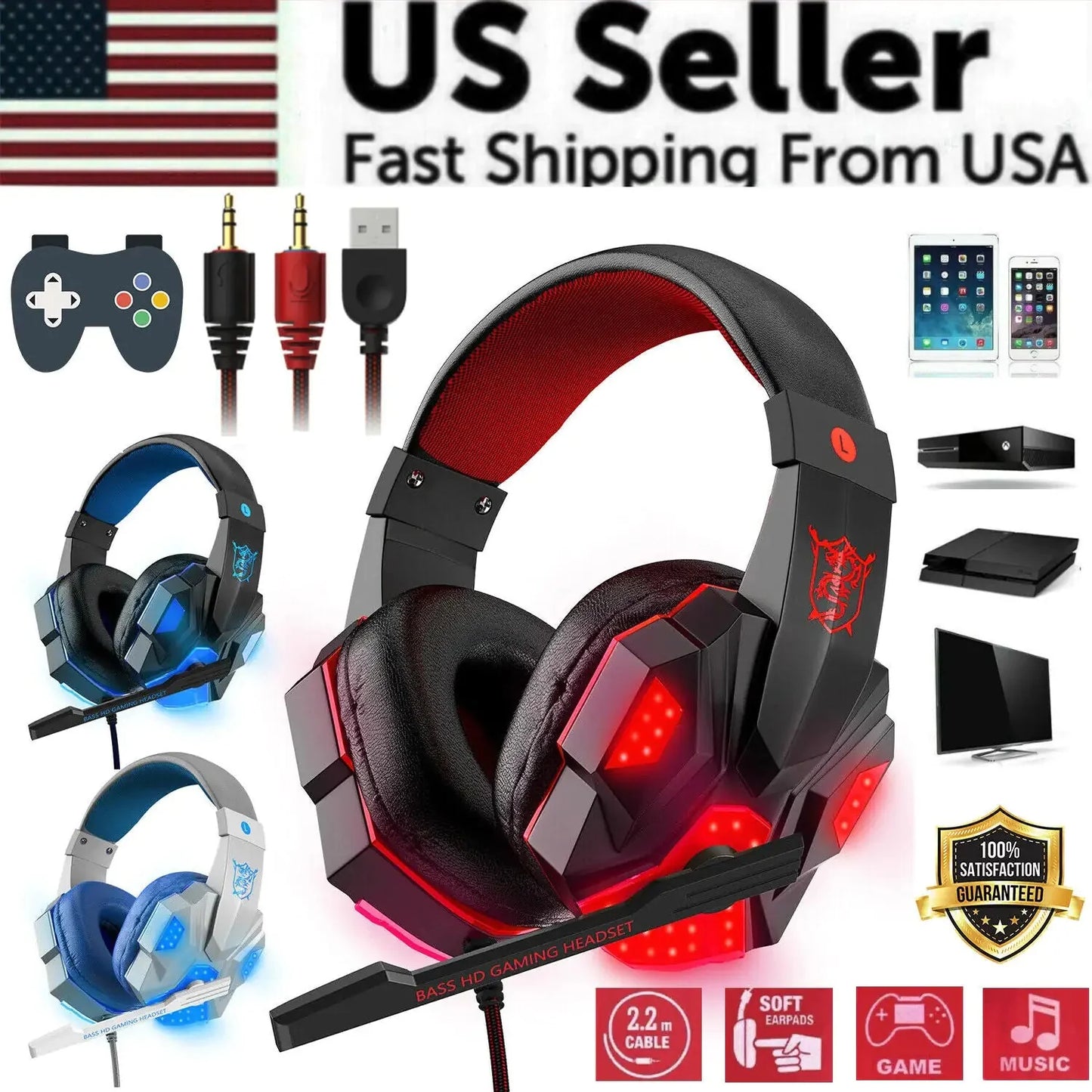 3.5mm Gaming Headset Mic LED Headphones Stereo Bass Surround For PC PS4 Xbox One Anti Spier