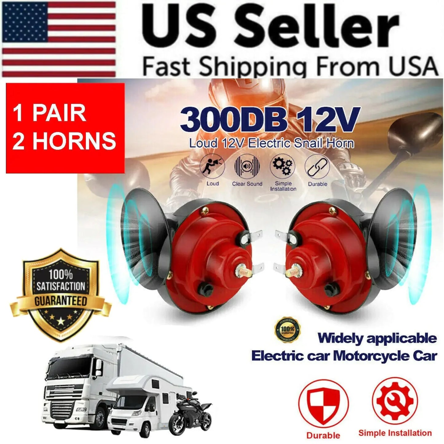 2PC 12V 300DB Super Loud Train Air Horn Waterproof Motorcycle Car Truck SUV Boat Anti Spier