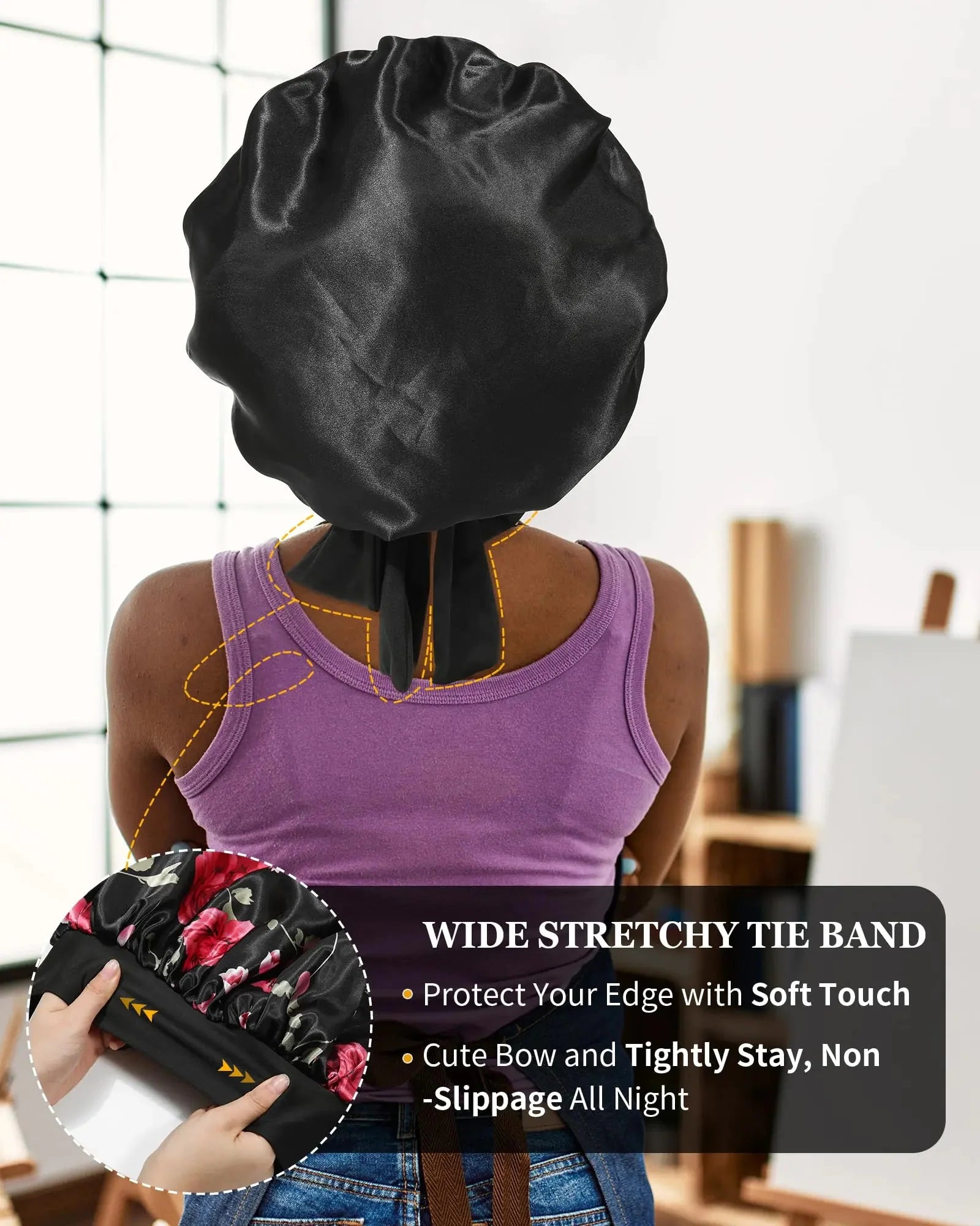 Satin Bonnet for Women Silk Bonnets for Sleeping Curly Hair Bonnet with Tie Band Double Layer Sleep Cap Hair Wrap 7-7 3/8 Black + Red Flower Anti Spier