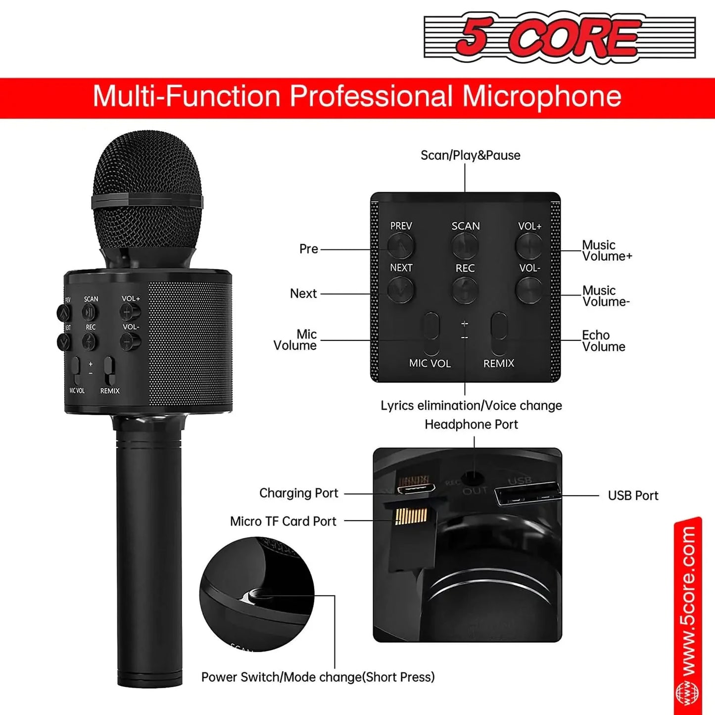 5Core Wireless Karaoke Microphone Bluetooth Mic Portable Handheld Microfonos Inalambricos Anti Spier