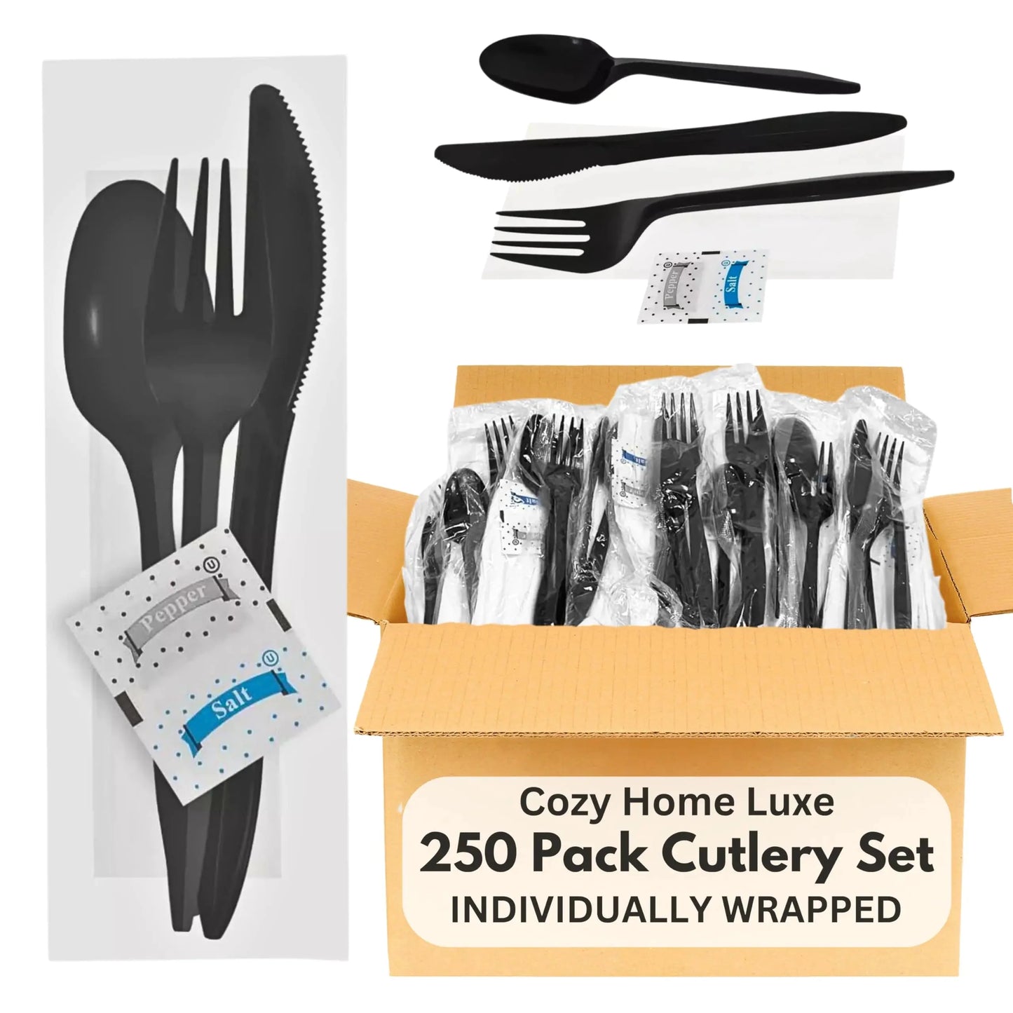 250-Pack Black Plastic Cutlery Set | Fork Spoon Knife Napkin & Salt Pepper Packets | Disposable Plastic Silverware Sets Individually Wrapped Anti Spier