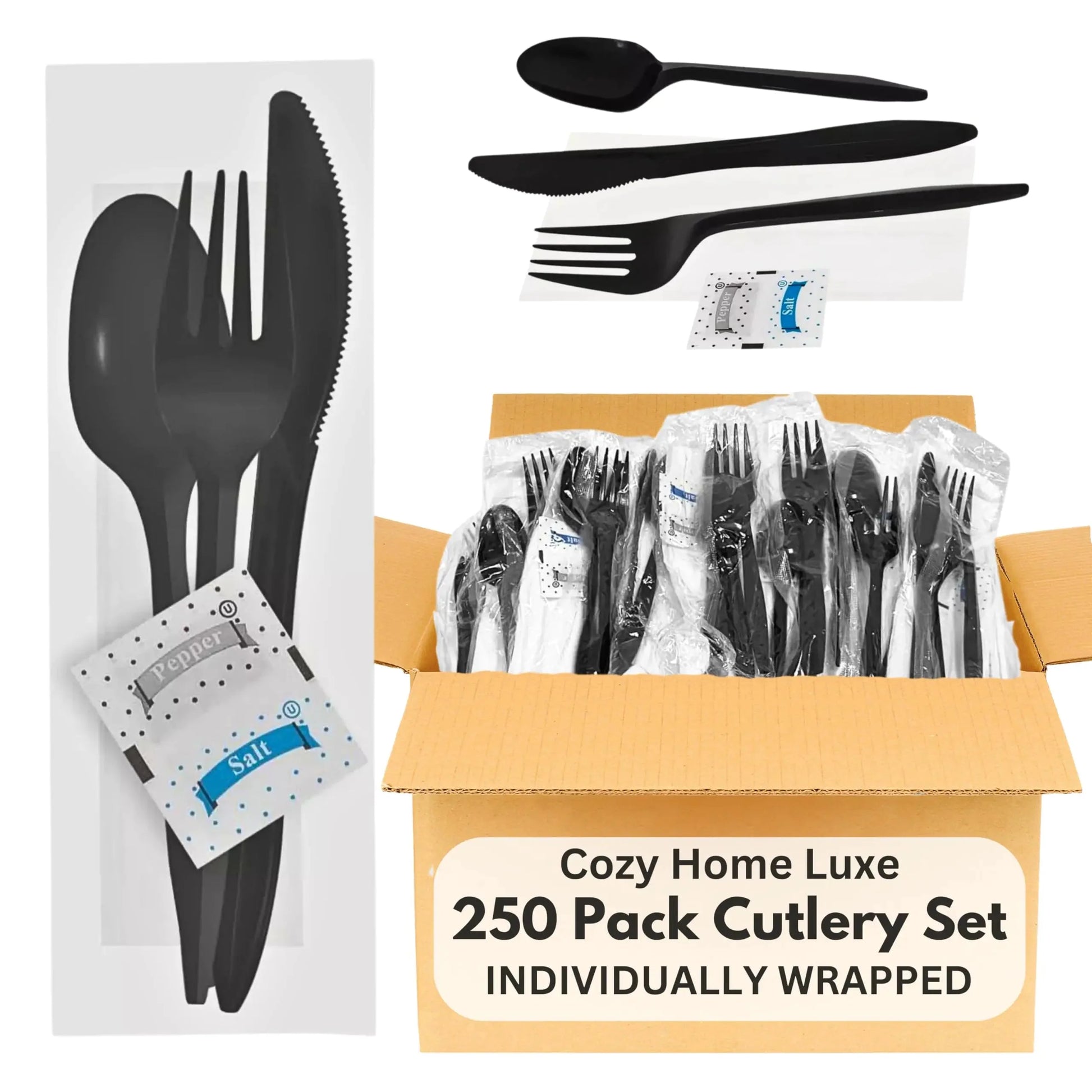 250-Pack Black Plastic Cutlery Set | Fork Spoon Knife Napkin & Salt Pepper Packets | Disposable Plastic Silverware Sets Individually Wrapped Anti Spier