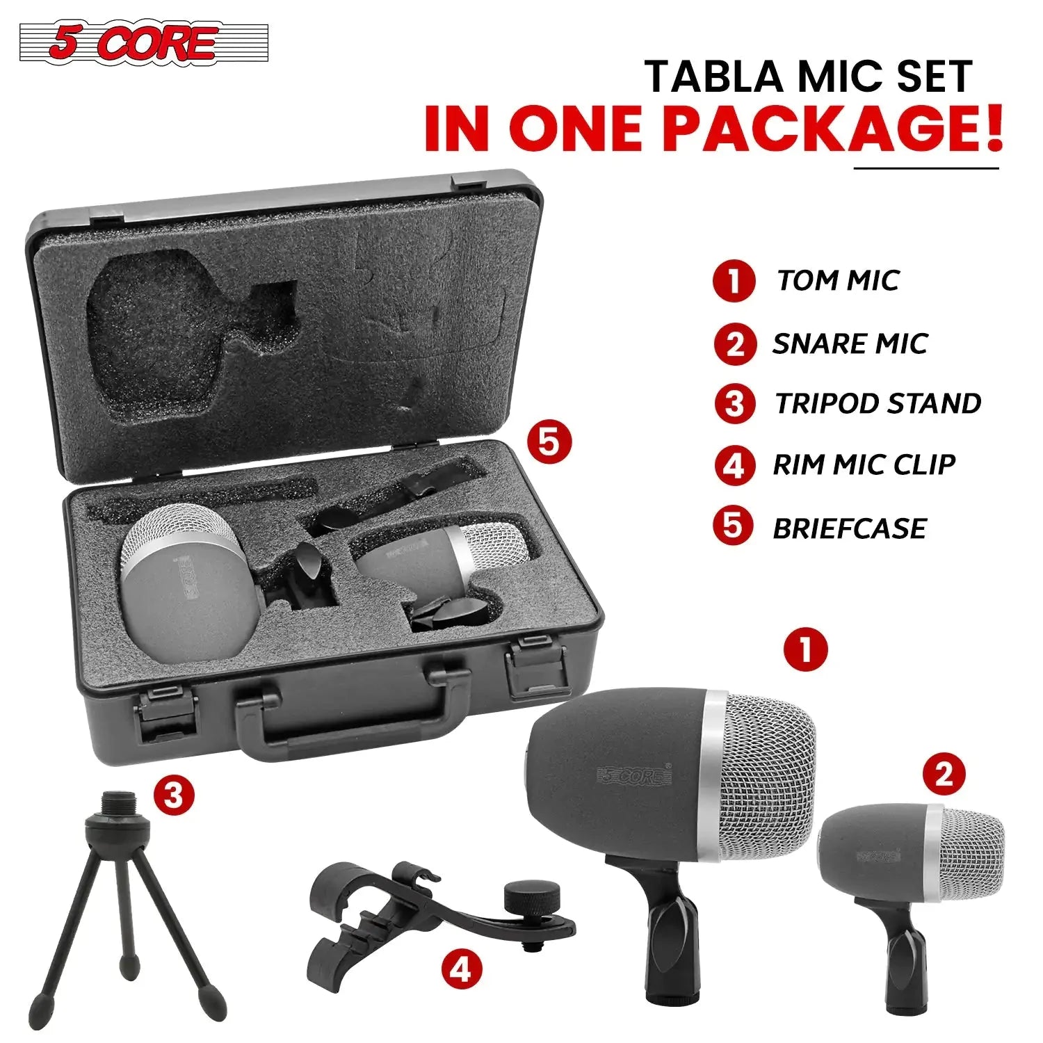 5Core Tabla Microphone Set Uni-Directional XLR Kick Snare Bayan Dayan Instrument Mic Anti Spier