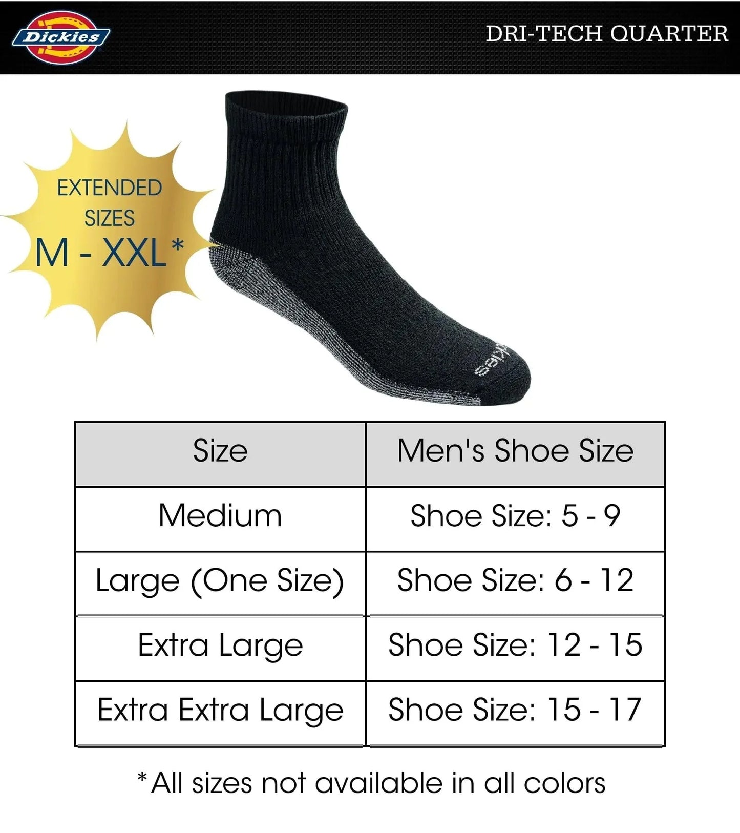 Dickies Men's Dri-tech Moisture Control Quarter Socks, Available in M-XXL (6, 12, 18 Pairs) Medium Black (12 Pairs) Anti Spier