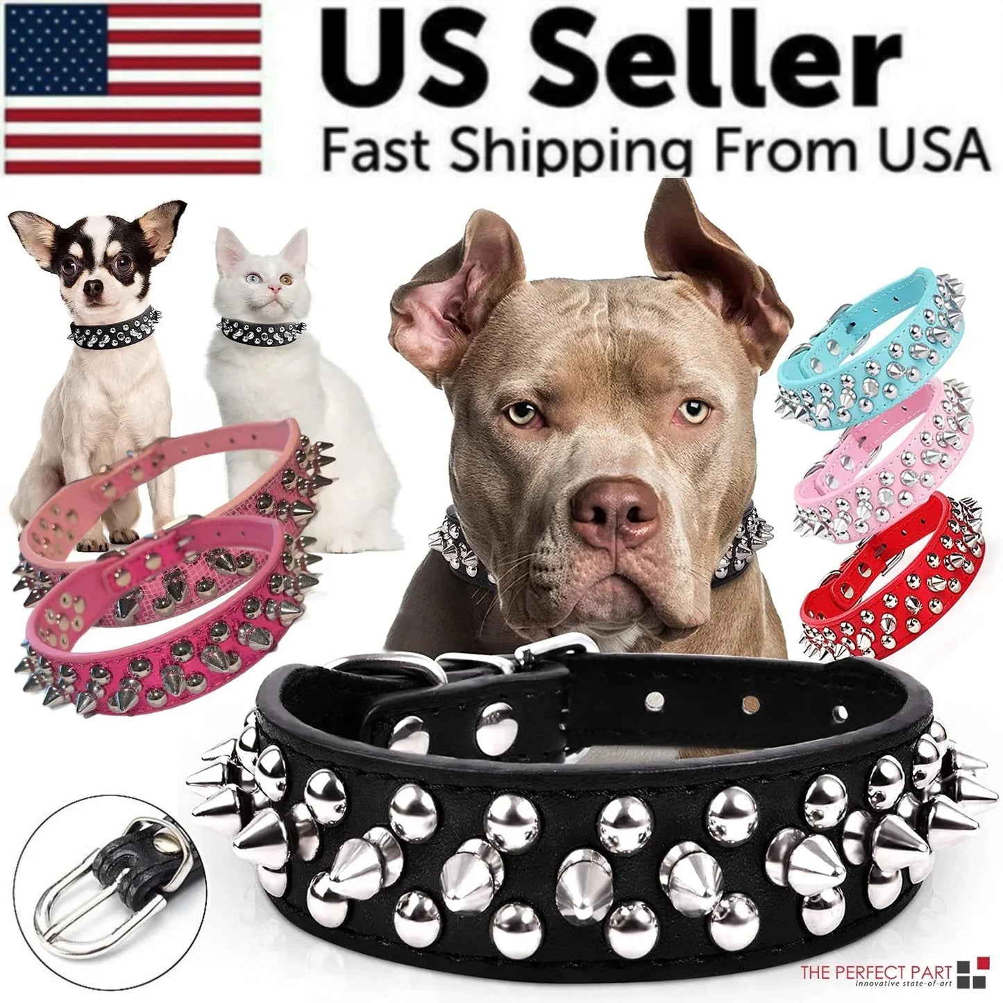 Spiked Studded Leather Dog Collar Rivets Pet Small Large Cat Pit Bull Adjustable Anti Spier