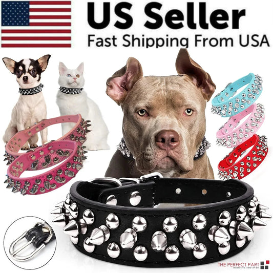 Spiked Studded Leather Dog Collar Rivets Pet Small Large Cat Pit Bull Adjustable Anti Spier